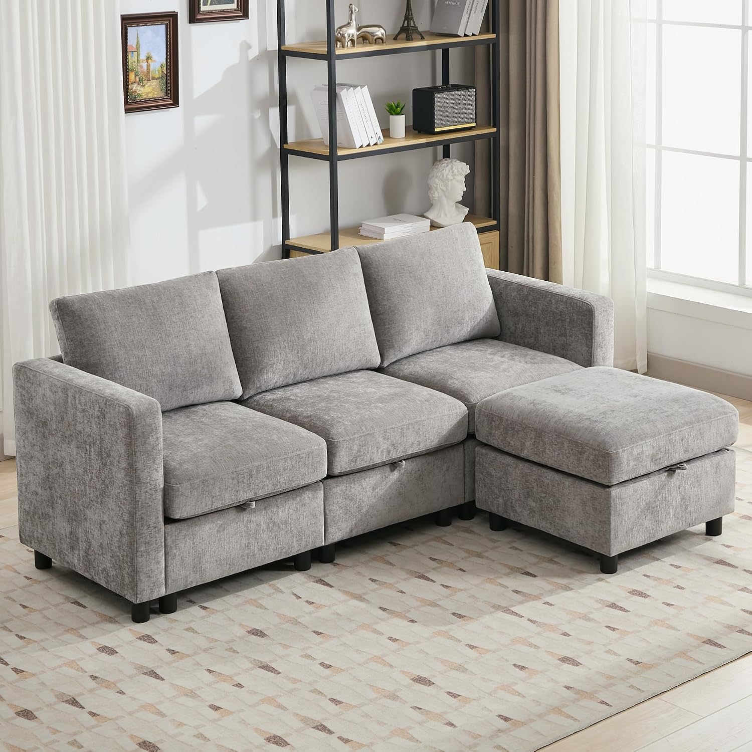 WUTUTUEE 83' Modular Sectional Sofa Convertible L Shaped Couch Set for Living Room, 4 Seat Storage Modular Sofa with Movable Ottoman, Chenille(Light Grey)