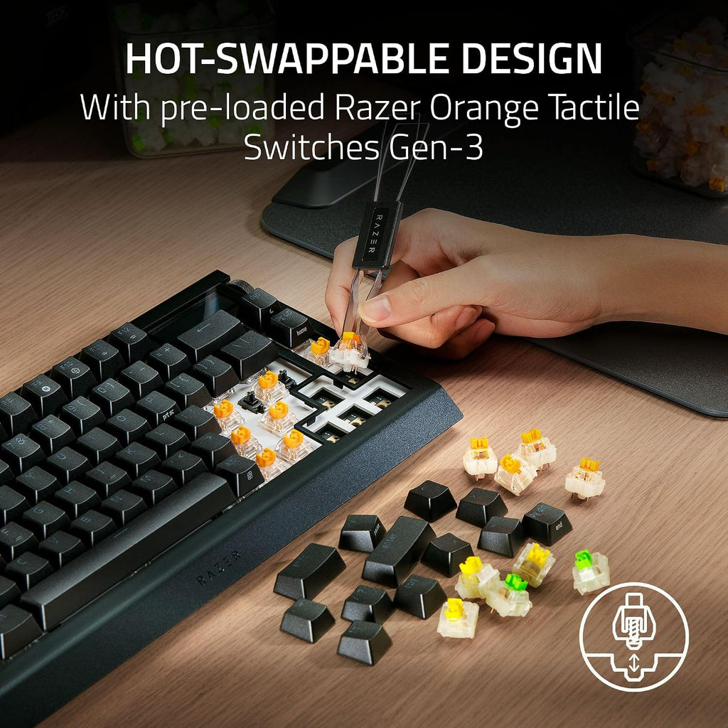 Razer BlackWidow V4 Pro 75% Wireless Gaming Keyboard: OLED Display - True 4K Hz Wireless - Bluetooth - Hot Swappable - Orange Tactile Switches - Command Dial - Snap Tap - Chroma RGB - Wrist Rest
