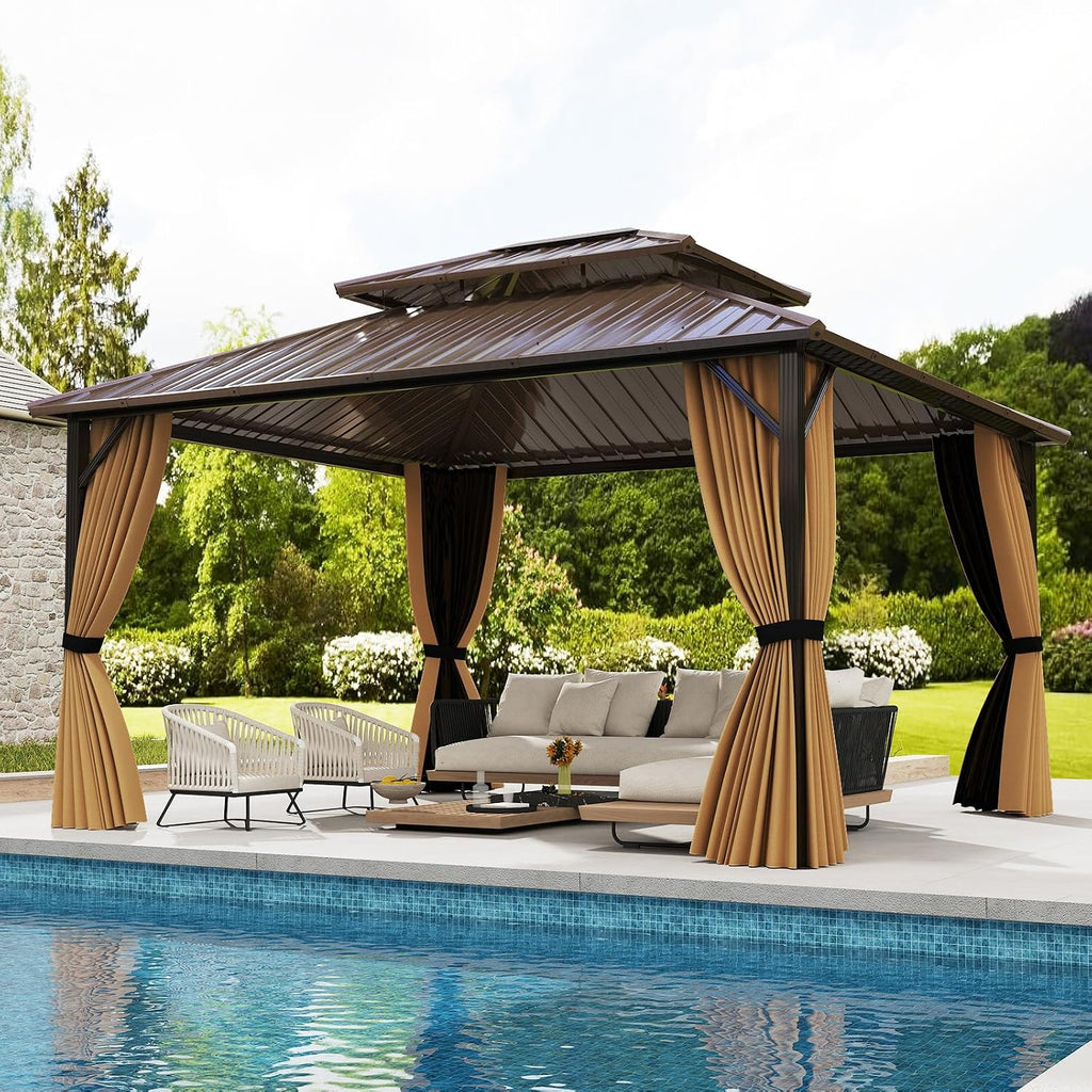 Tangkula 12x14 FT Hardtop Gazebo, Aluminum Frame Permanent Pavilion with Curtains, Netting, Heavy-Duty Double-Tier Galvanized Metal Roof, Outdoor Gazebo for Patios Garden Deck Lawn Backyard
