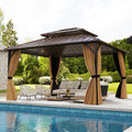 Tangkula 12x14 FT Hardtop Gazebo, Aluminum Frame Permanent Pavilion with Curtains, Netting, Heavy-Duty Double-Tier Galvanized Metal Roof, Outdoor Gazebo for Patios Garden Deck Lawn Backyard