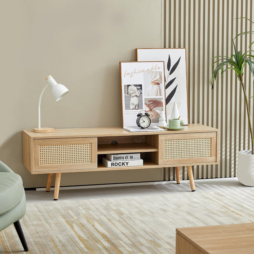 Rattan Weaving in Natural Wood Color TV Stand for TVs up to 55 Inch, TV Cabinet with Sliding Rattan Woven Door, Ideal for Living Rooms and Entertainment Centers