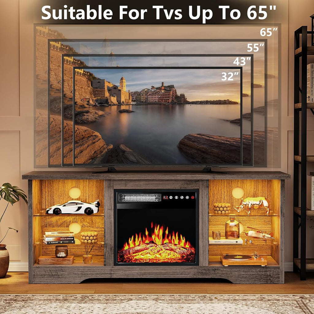 TAVATA 58' Fireplace TV Stand, Modern Entertainment Center with Fireplace for TVs up to 65 inch, Media TV Console for Living Room with Led Lights, Adjustable Glass Shelves and Storage Cabinets (Grey)