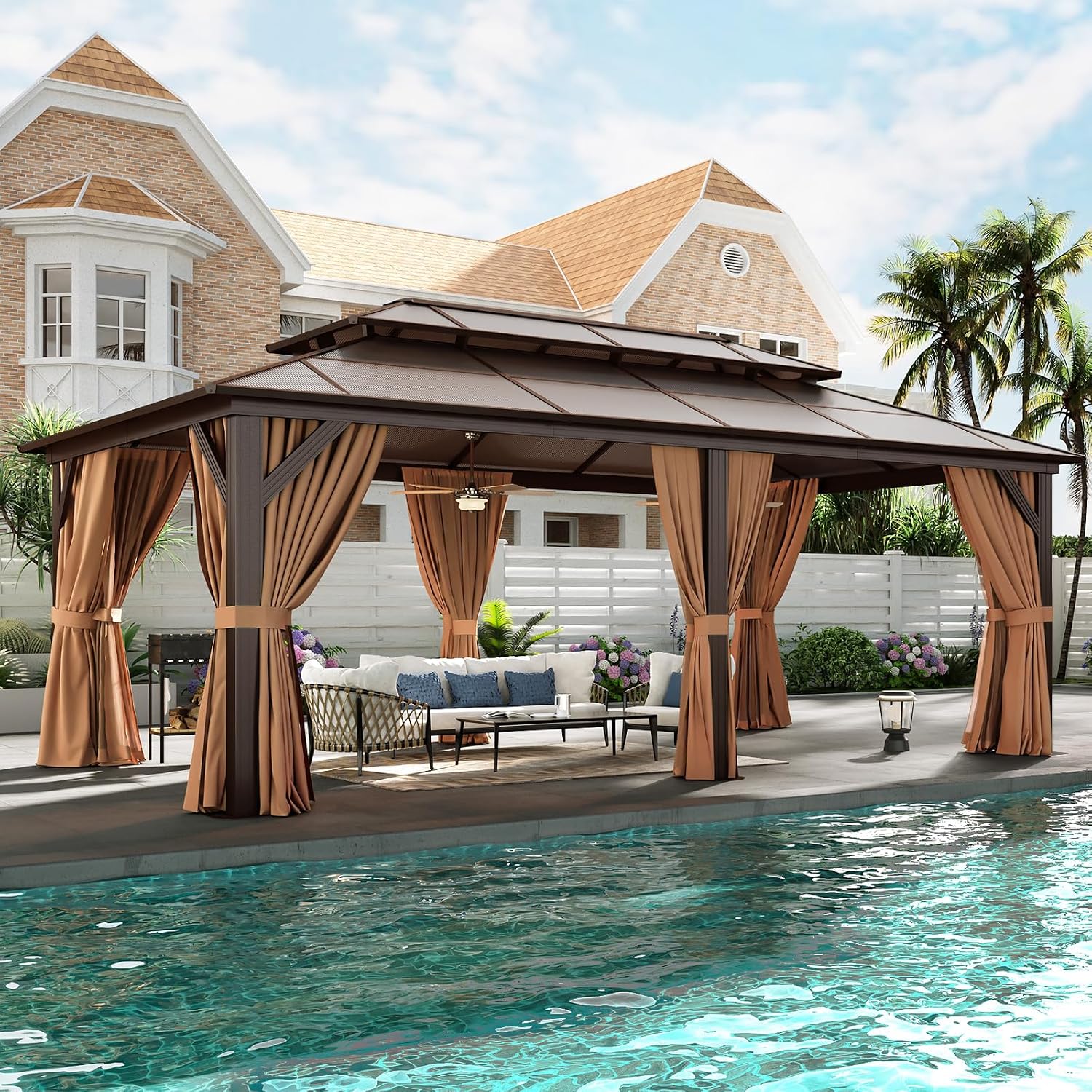 Aoxun 12'x20' Hardtop Gazebo, Aluminum Frame Permanent Pavilion with Curtains and Netting, Outdoor Polycarbonate Double Roof Canopy, Designed for Patio, Garden, Lawns