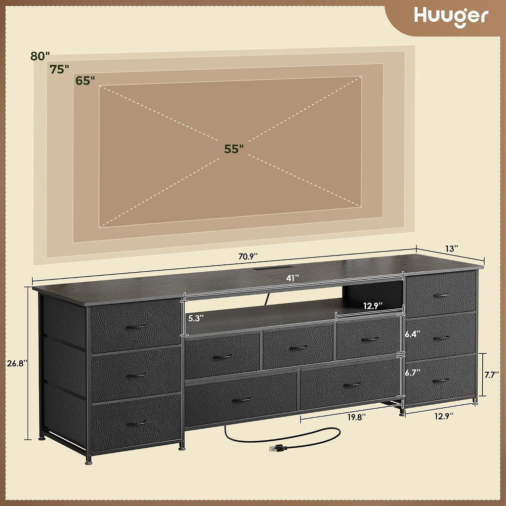 Huuger 70 Inch TV Stand for 75, 80 Inch TV, 11 Drawer Long Dresser with Power Outlets and LED Lights, Entertainment Center with Storage, Black Dresser with PU Leather Surface