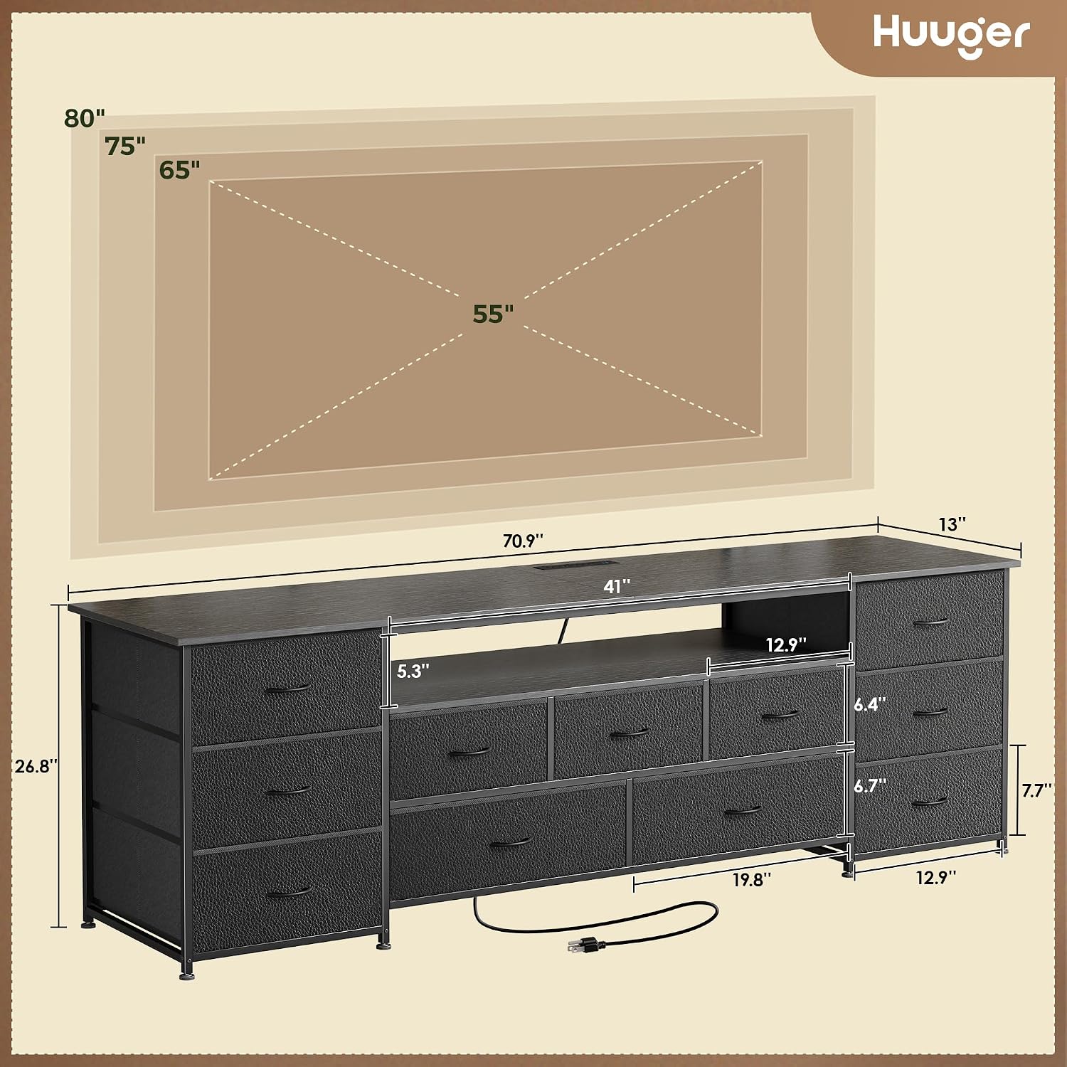 Huuger 70 Inch TV Stand for 75, 80 Inch TV, 11 Drawer Long Dresser with Power Outlets and LED Lights, Entertainment Center with Storage, Black Dresser with PU Leather Surface