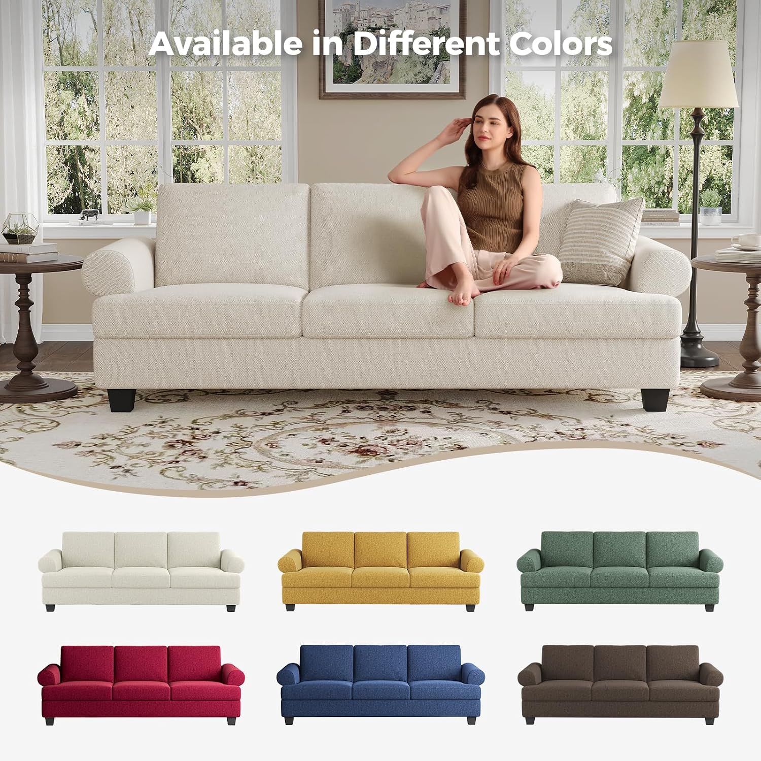 COPIAE 91 Inch Lawson Sofa with Extra Deep Seats Oversize, Mid-Century 3-Seat Sofa Couch, for Living Room, Apartment, Lounge, White