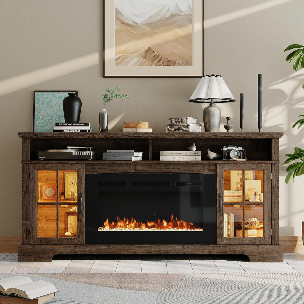 70' Farmhouse TV Stand with 36' Fireplace for TVs up to 80', Media Entertainment Center with Adjustable Shelves and Large Storage Cabinets, for Living Room, Brown & Black