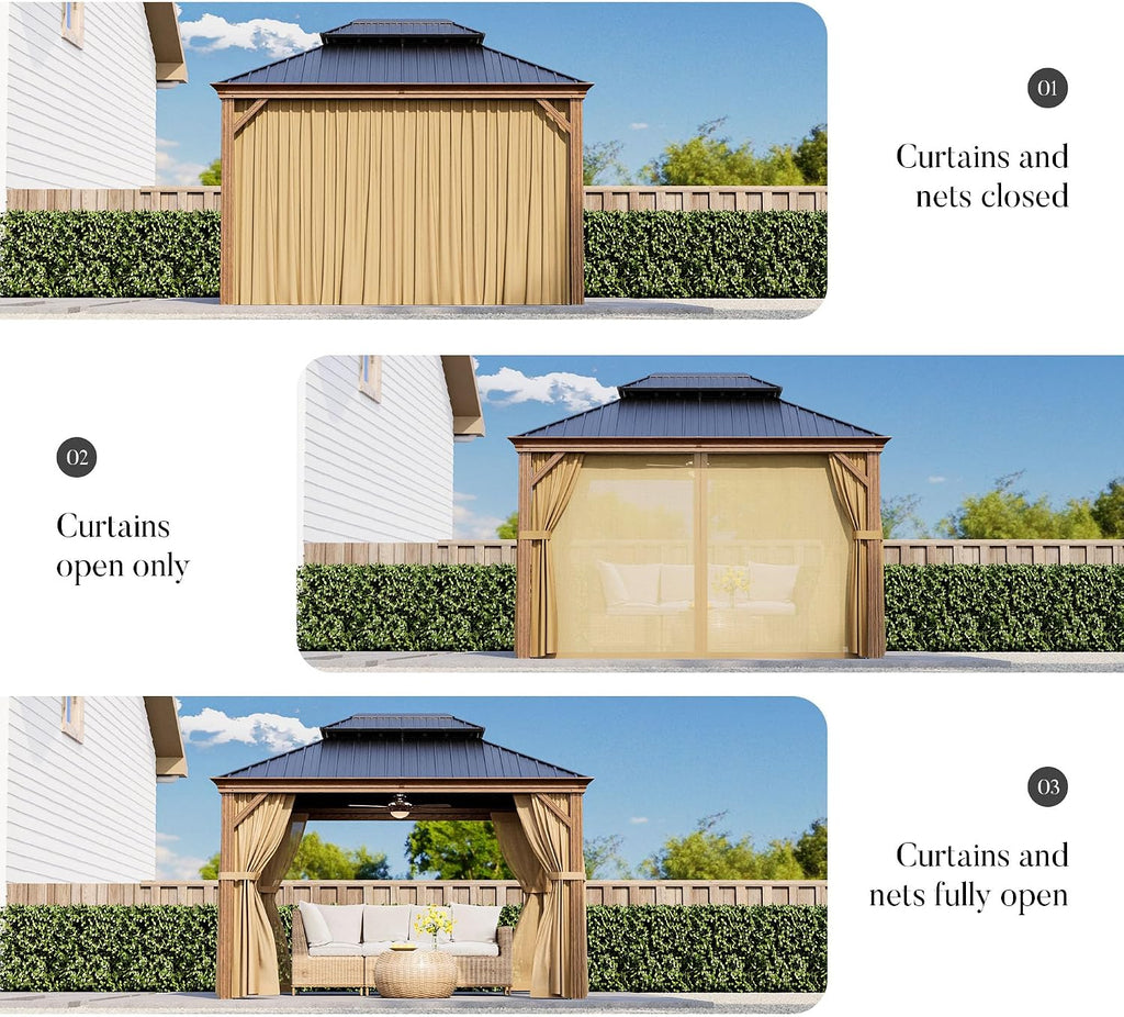 HOMPUS 10X12FT Outdoor Gazebo, Hardtop Gazebowith Galvanized Steel Double Roof, Heavy Duty Metal Gazebos with Netting & Curtains, Patio Aluminum Pavilion for Garden, Backyard, Deck, Drak Walnut