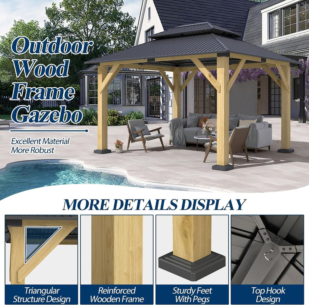 COVERONICS 10FT x 12FT Outdoor Wood Gazebo - Galvanized Steel Hardtop Gazebo with Heavy-Duty Double Roof, Outdoor Wooden Hard Top Gazebo for Garden, Poolside, Deck, Backyard
