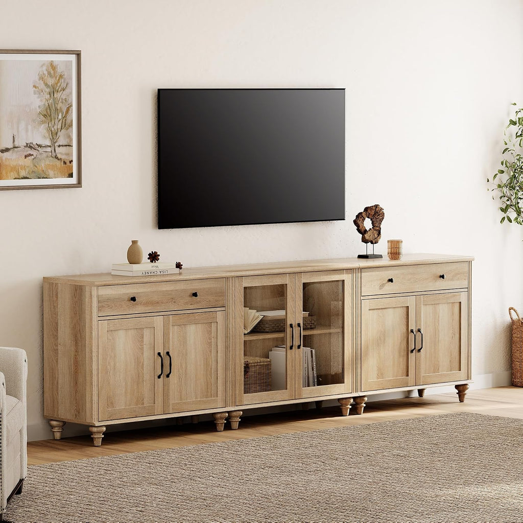 WAMPAT Farmhouse TV Stand for 100 Inch TV, 3-in-1 TV Console Table for 75/80/85/90 Inch TV, Entertainment Center with Glass & Wood Door, Kitchen Sideboard Buffet Cabinet for Dining Room, Oak