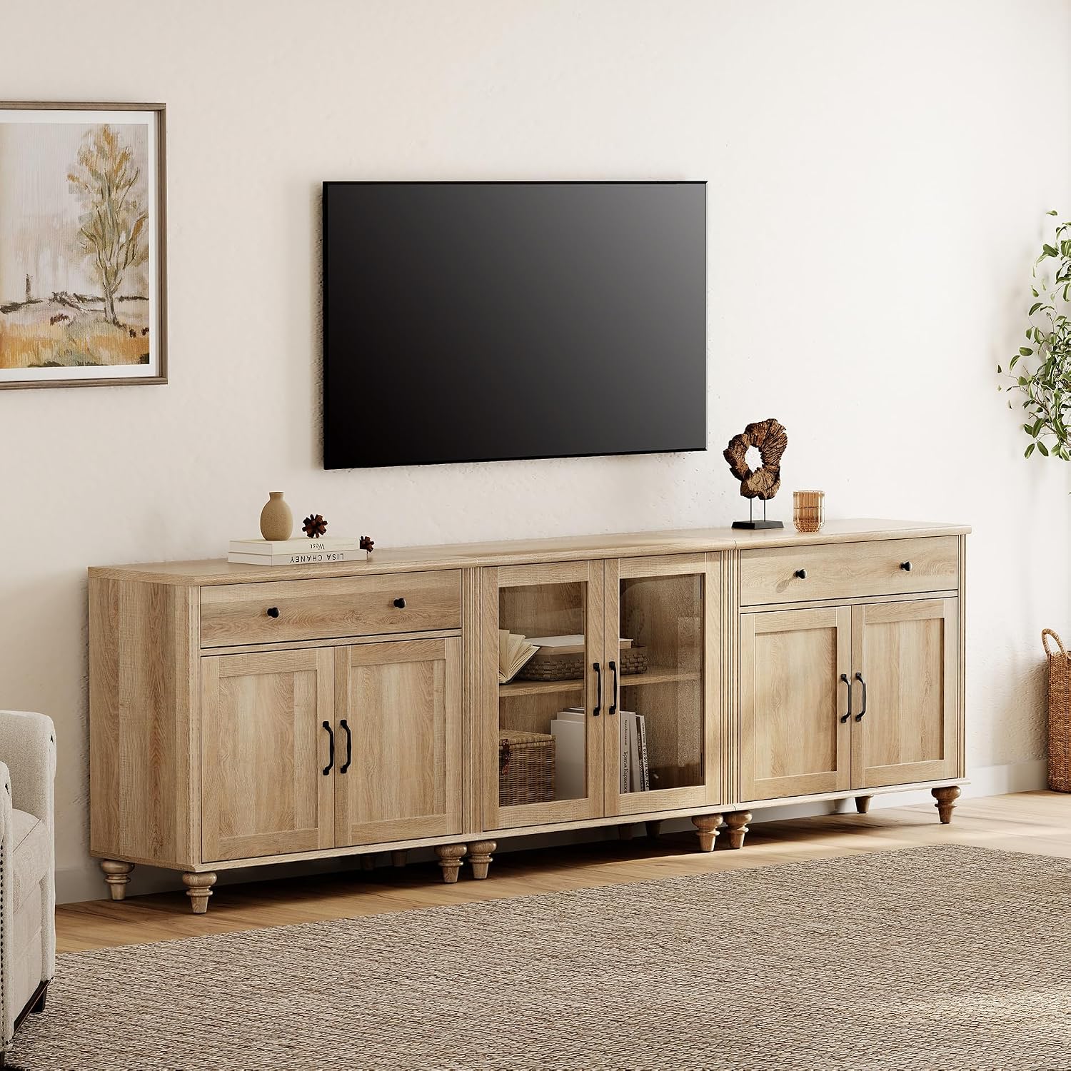 WAMPAT Farmhouse TV Stand for 100 Inch TV, 3-in-1 TV Console Table for 75/80/85/90 Inch TV, Entertainment Center with Glass & Wood Door, Kitchen Sideboard Buffet Cabinet for Dining Room, Oak