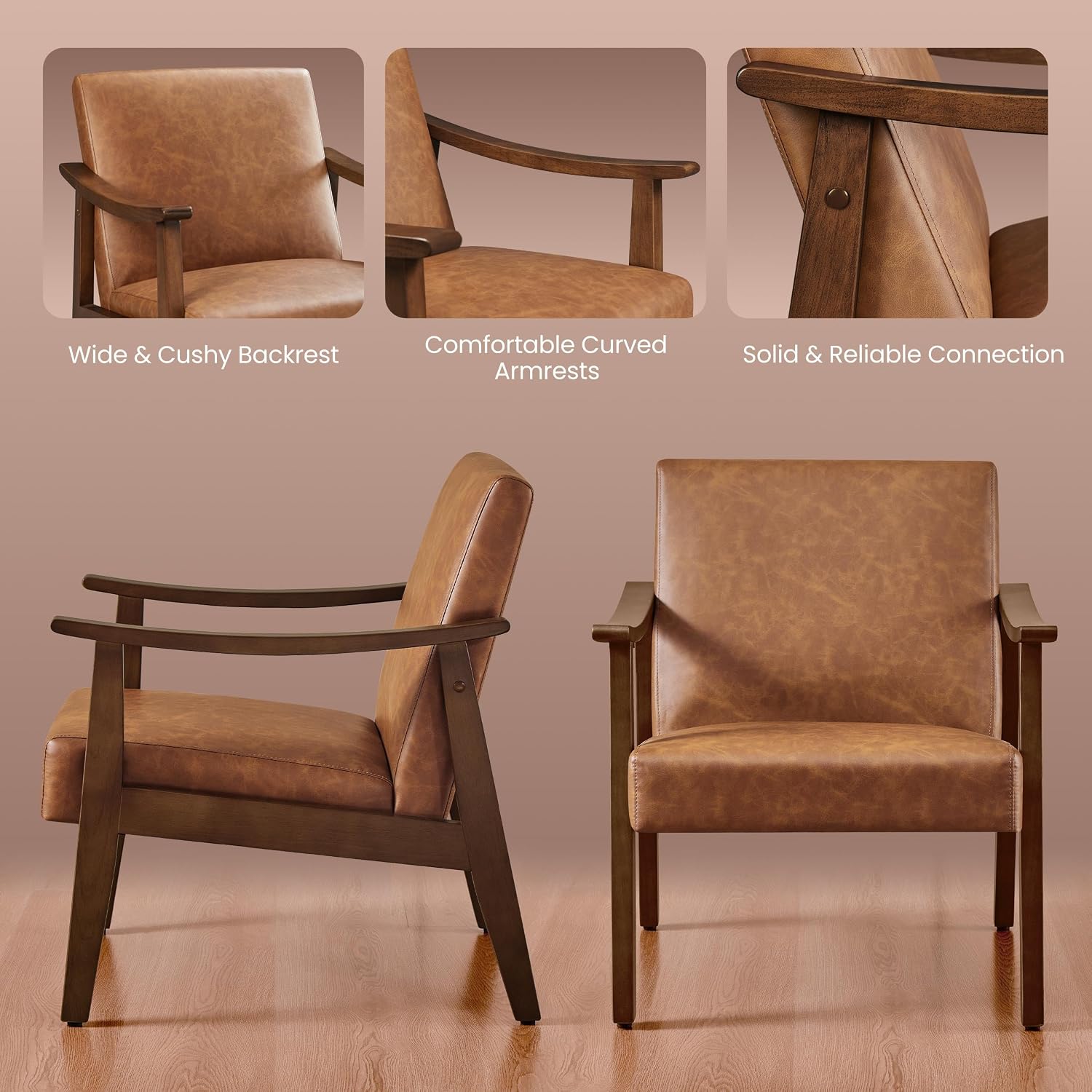 Yaheetech PU Leather Accent Chair, Mid-Century Modern Armchair with Solid Wood Legs, Reading Leisure Chair with High Back for Living Room Bedroom Waiting Room, Set of 2, Brown