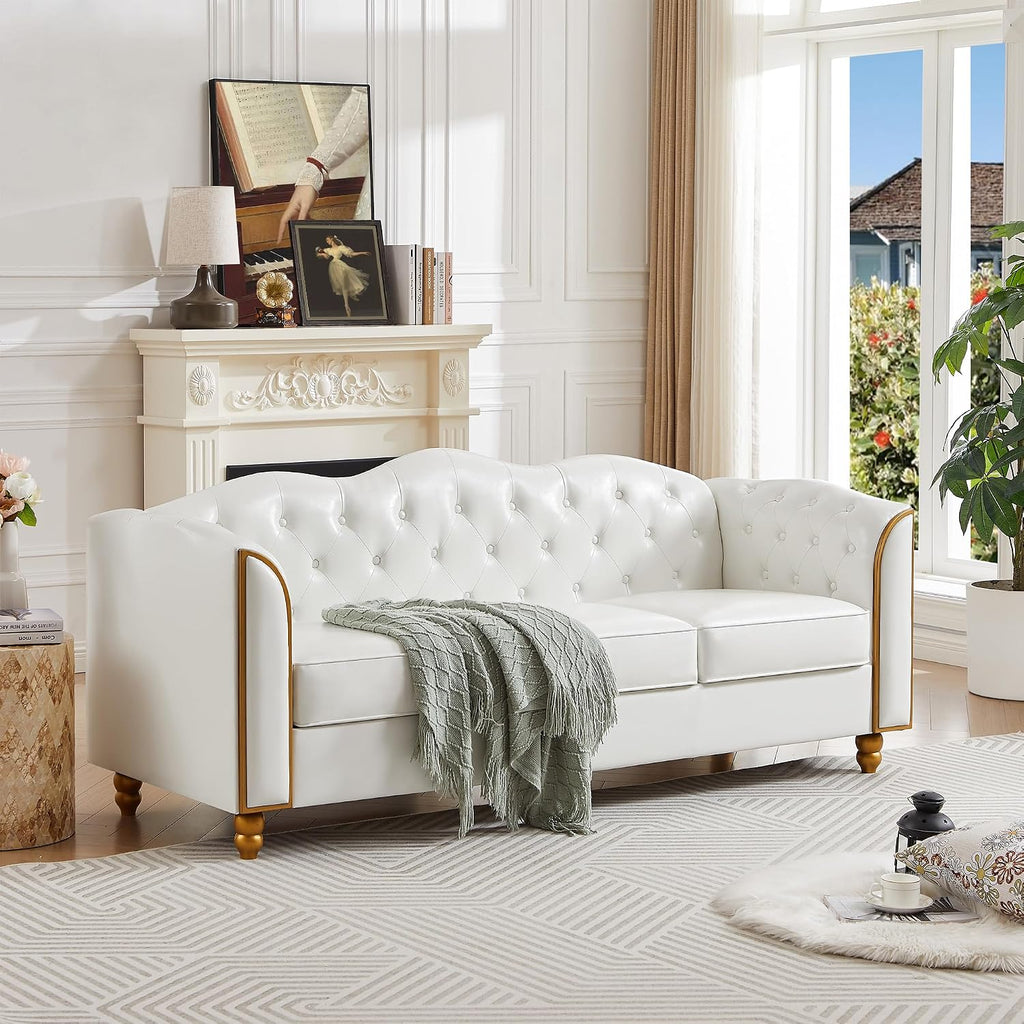 HITHOS 78' Leather Sofa Couch, Soft 3 Seater Sofa Couches for Living Room, Button Tufted Comfy Couch Modern Sofa with Upholstered Cushion, Gold Trim, Solid Wood Legs for Dorm Bedroom Apartment, White