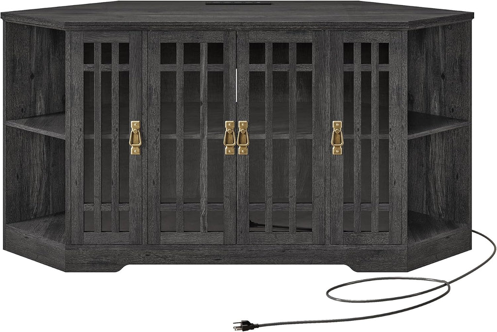 IRONCK Corner TV Stand for TVs up to 60 Inch with Power Outlet, Corner Entertainment Center with Storage Cabinet and Glass Doors, Mid Century Modern TV Stand for Living Room, Bedroom, Charcoal Grey
