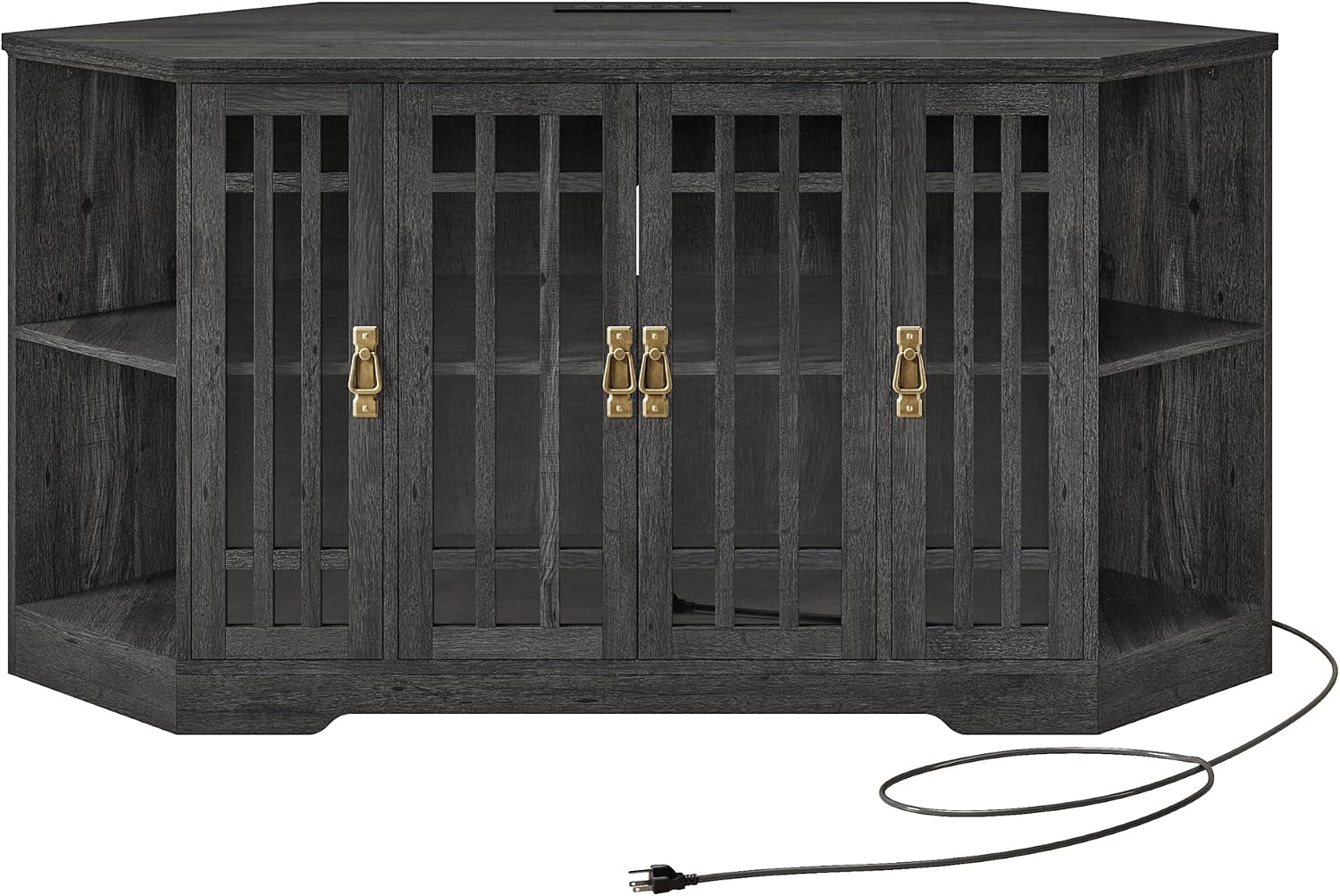 IRONCK Corner TV Stand for TVs up to 60 Inch with Power Outlet, Corner Entertainment Center with Storage Cabinet and Glass Doors, Mid Century Modern TV Stand for Living Room, Bedroom, Charcoal Grey