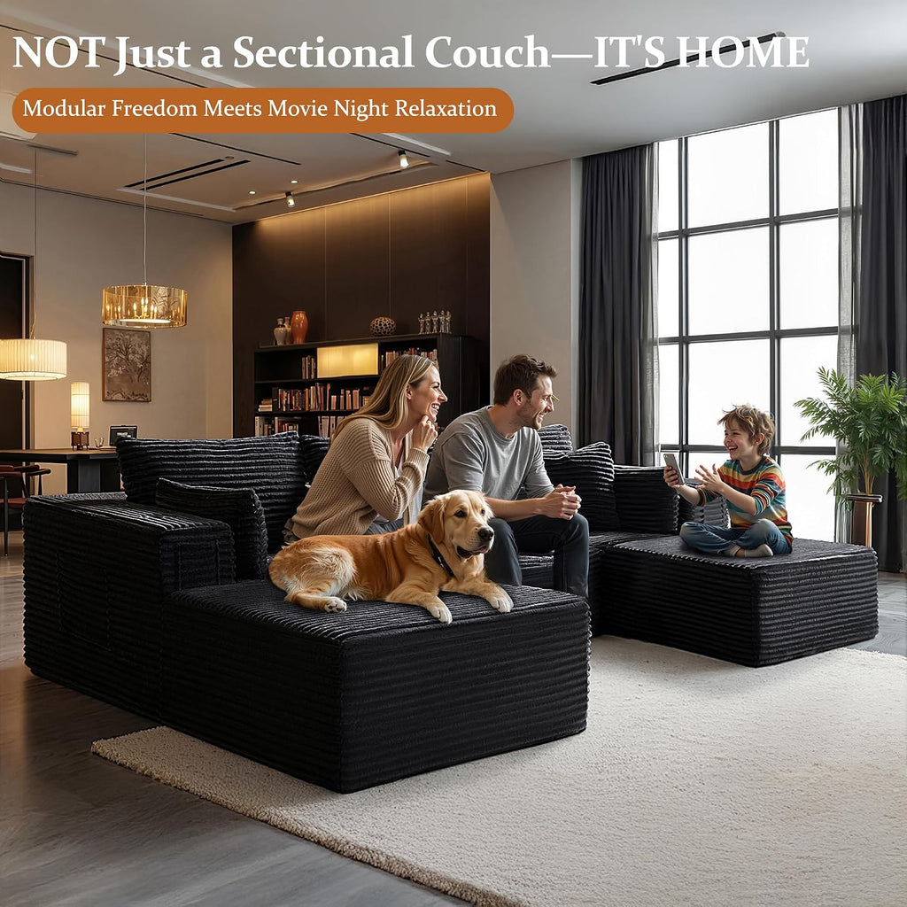 108' Cloud Sectional Couch, Comfort U Shaped Boneless Couch for Living Room, Extra Deep Seats No Assembly, Minimalist Modular Sofa, Corduroy (Black, Right Facing Chaise+2 Seater+Ottoman)