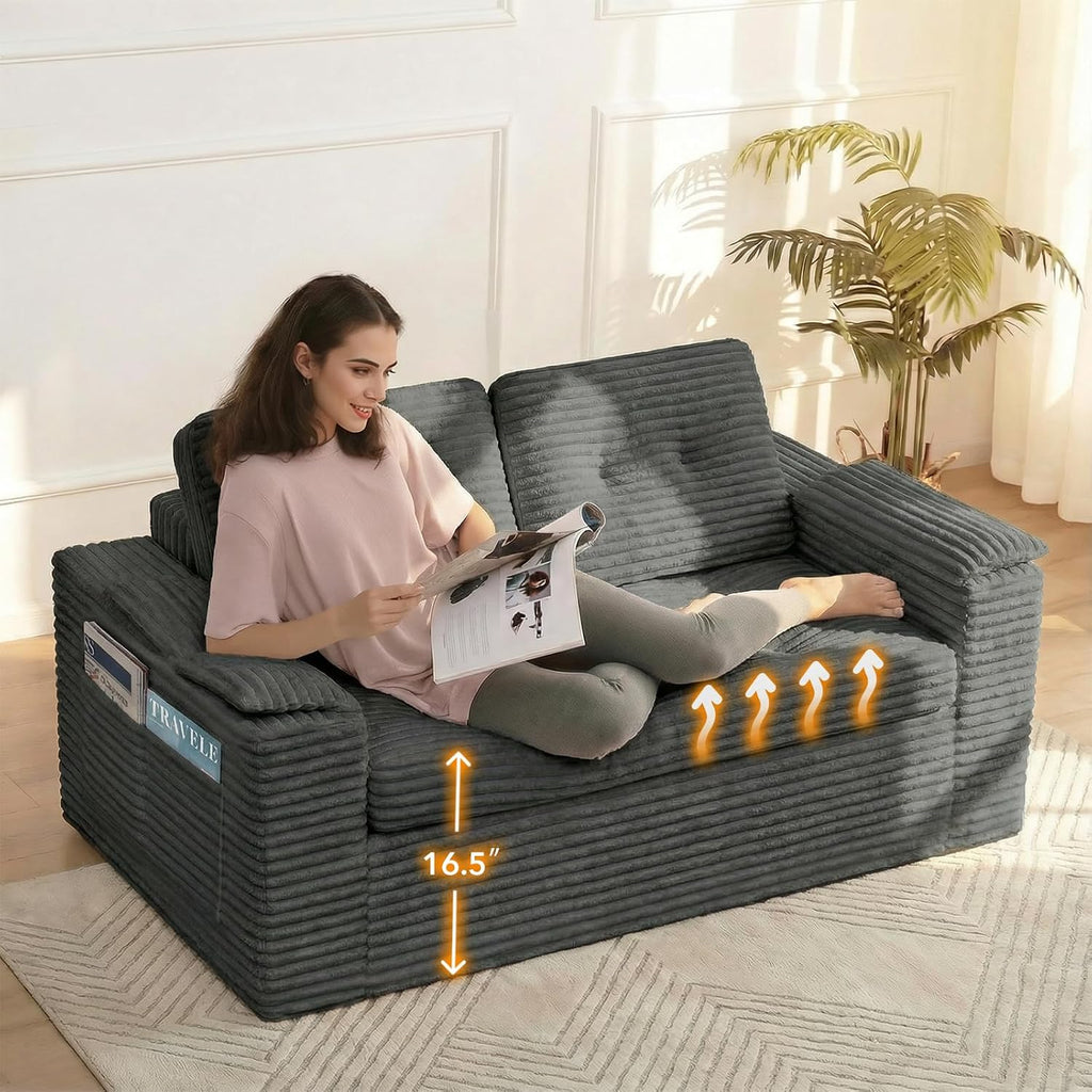 Boneless Loveseat Sofa, 58in Boneless Cloud Couch for Living Room 2 Seater Modern Lounge Sleeper Couch with Removable Cover Corduroy Sofa with Armrest, Dark Grey