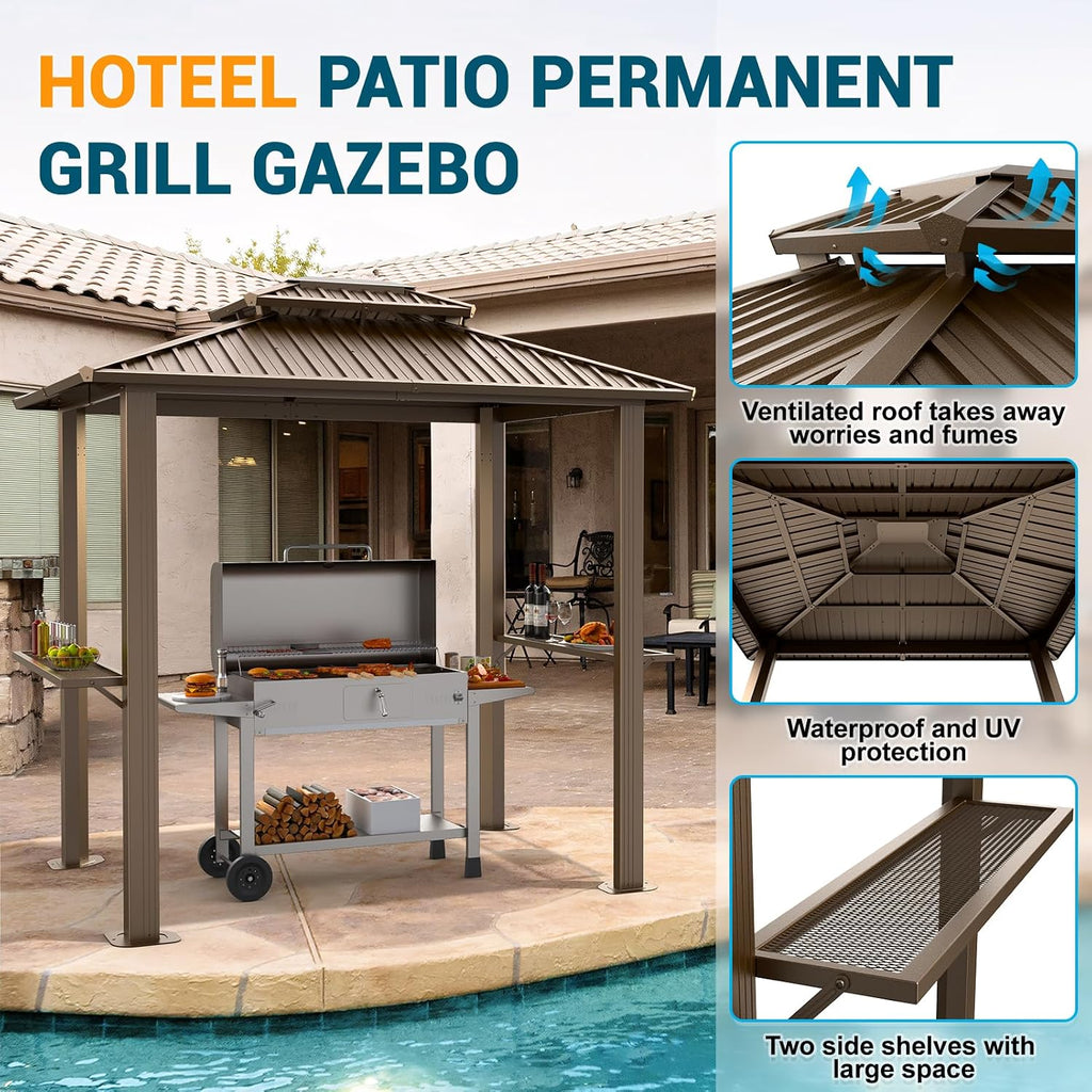 Hoteel 6x8 Hardtop Grill Gazebo, Outdoor Patio BBQ Gazebo with Galvanized Steel Double Roof, Hardtop Barbecue Canopy with 2 Side Shelves for Deck Lawn Backyard Garden,Brown
