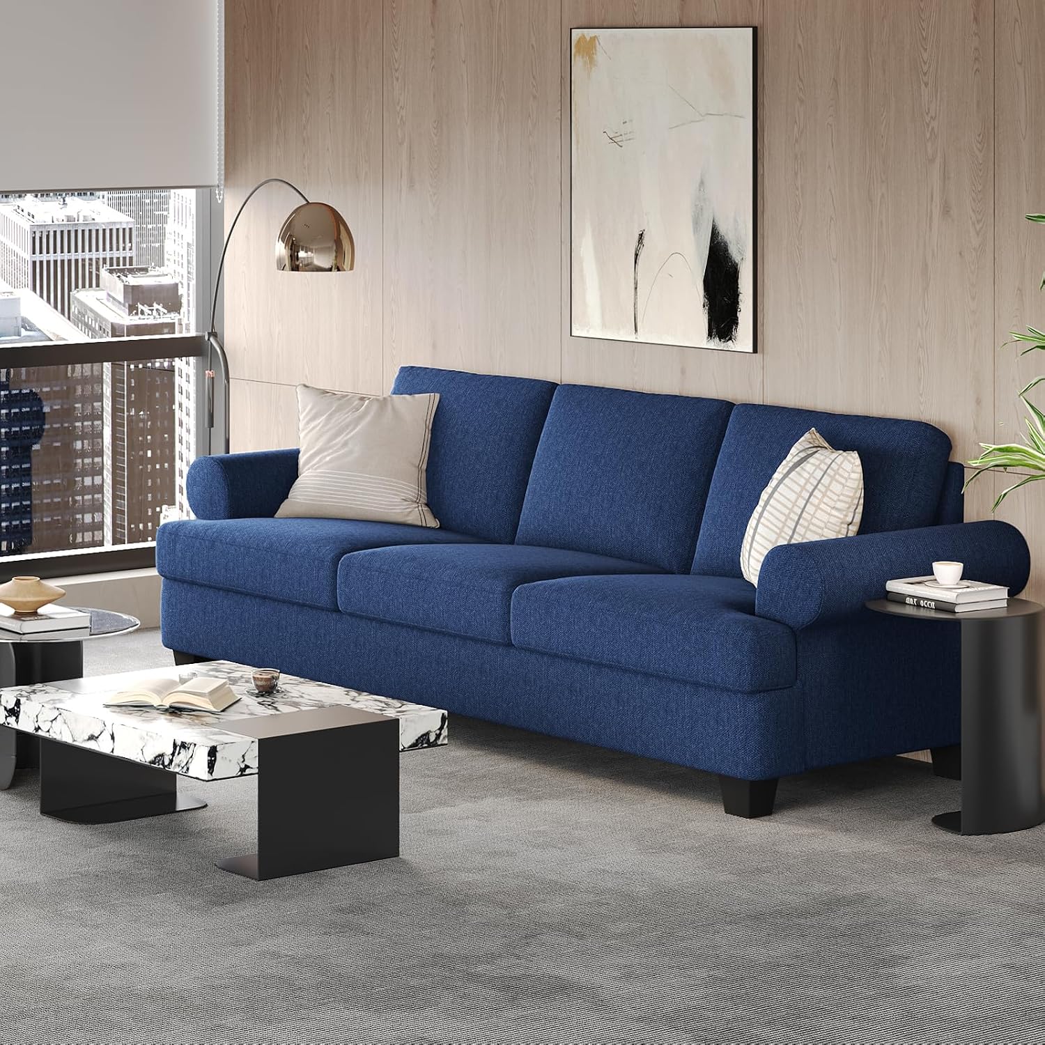 COPIAE 91 Inch Lawson Sofa with Extra Deep Seats Oversize, Mid-Century 3-Seat Sofa Couch, for Living Room, Apartment, Lounge, Dark Blue