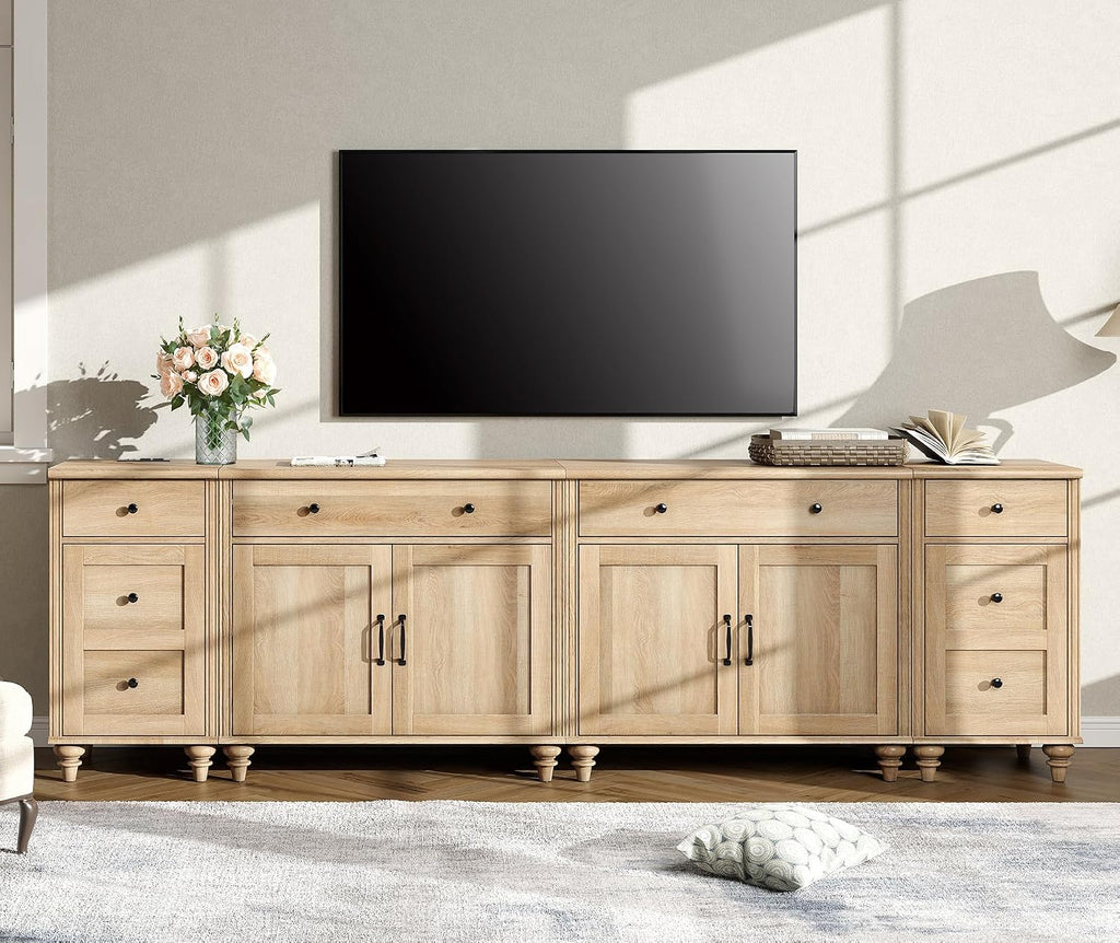 WAMPAT Farmhouse TV Stand for 100 Inch TV, 4-in-1 TV Console Table for 75/80/85/90 Inch TV, Entertainment Center with Charging Station, Kitchen Sideboard Buffet Cabinet for Dining Room, Oak