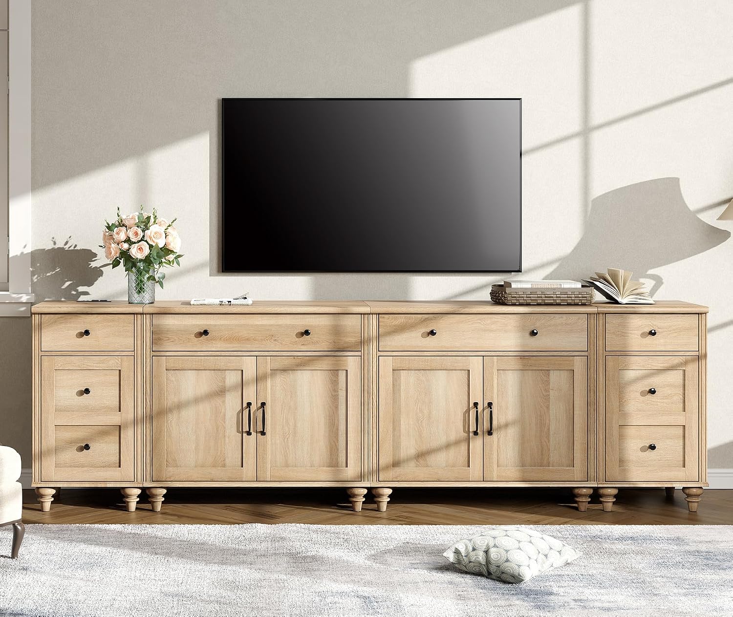 WAMPAT Farmhouse TV Stand for 100 Inch TV, 4-in-1 TV Console Table for 75/80/85/90 Inch TV, Entertainment Center with Charging Station, Kitchen Sideboard Buffet Cabinet for Dining Room, Oak