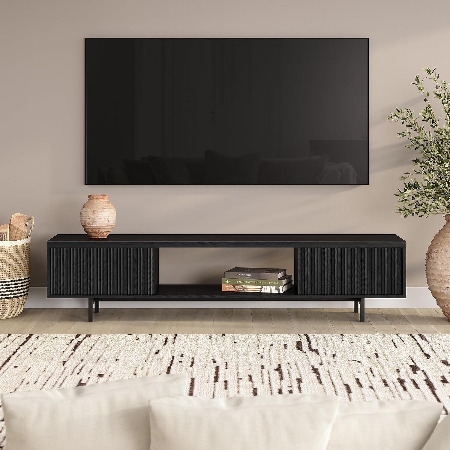 Henn&Hart Fluted TV Stand for TVs up to 78' with 2 Ribbed Side Storage Cabinets and Open Center Storage for Living Room, Family Room, or Office, Natural Black