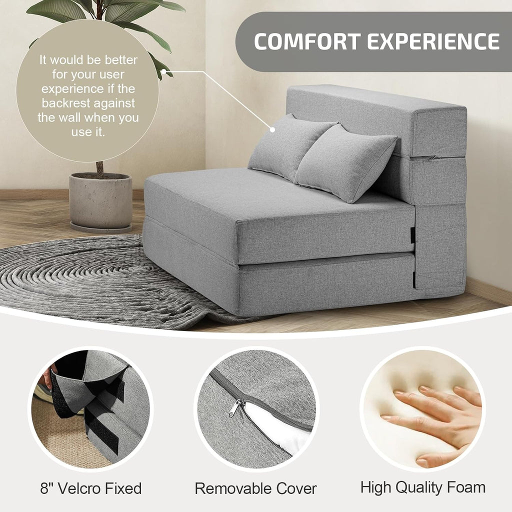 SUYOLS Folding Sofa Bed with Pillows- Convertible Chair Floor Couch & Sleeping Mattress, Foldable Memory Foam Sleeper for Living Room/Dorm/Guest Room/Home Office/Apartment/Loft, Twin, Light Gray