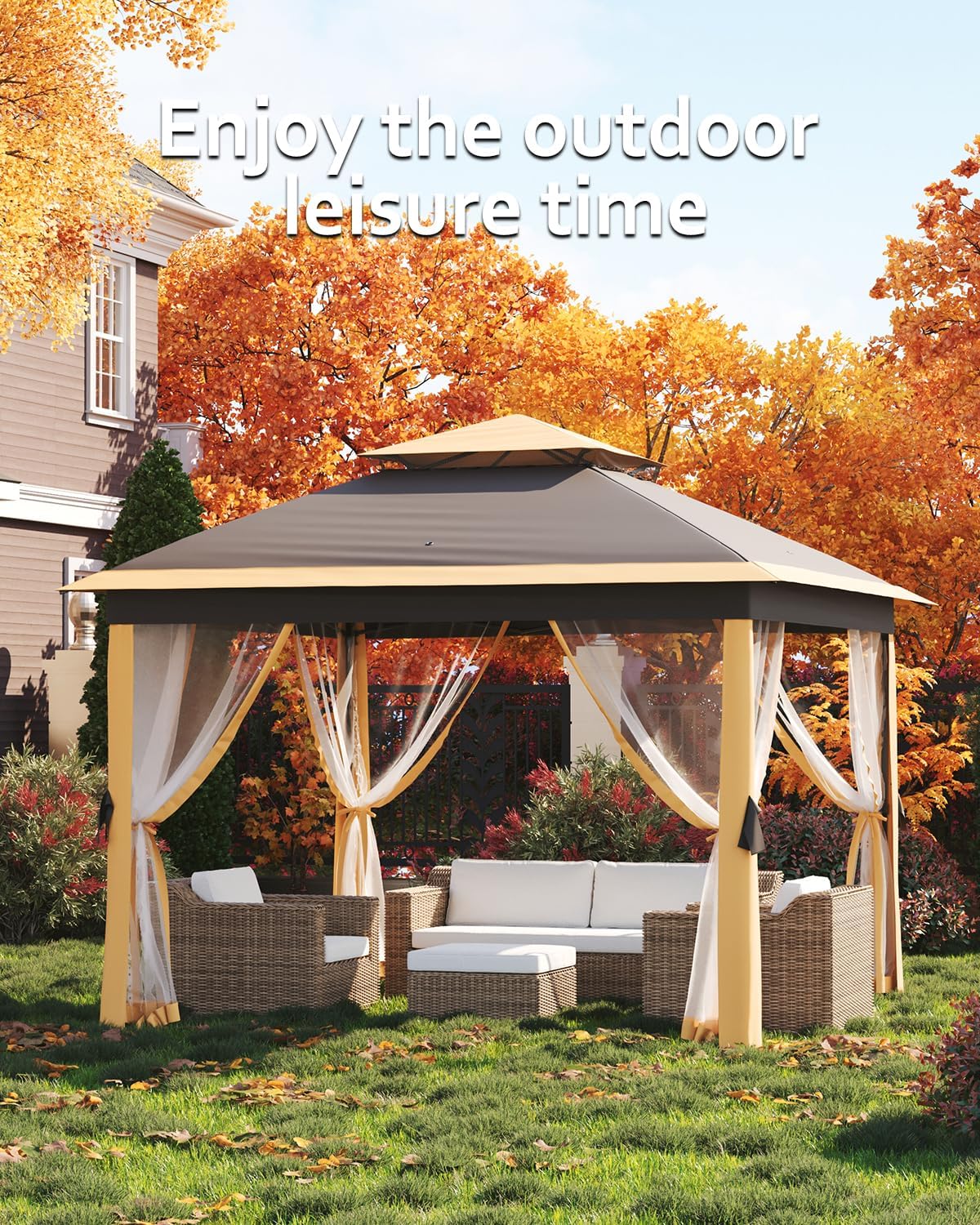 11x11ft Pop Up Gazebo Tent with Mosquito Netting, Outdoor Canopy Shelter Easy Setup, Water & UV Resistant - Khaki