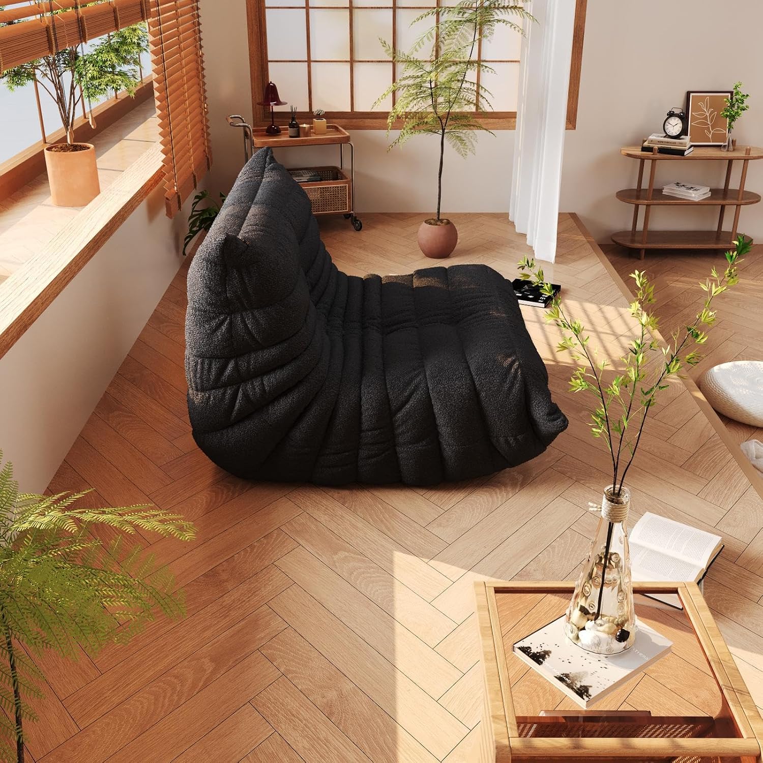 Giant Bean Bag Chair for Adults - Teddy Fleece Fireside Accent Chair with Memory Foam, Comfy Lazy Floor Sofa Couch Boneless Chaise Lounge for Living Room Bedroom Home Theaterr, 1 Seater, Black