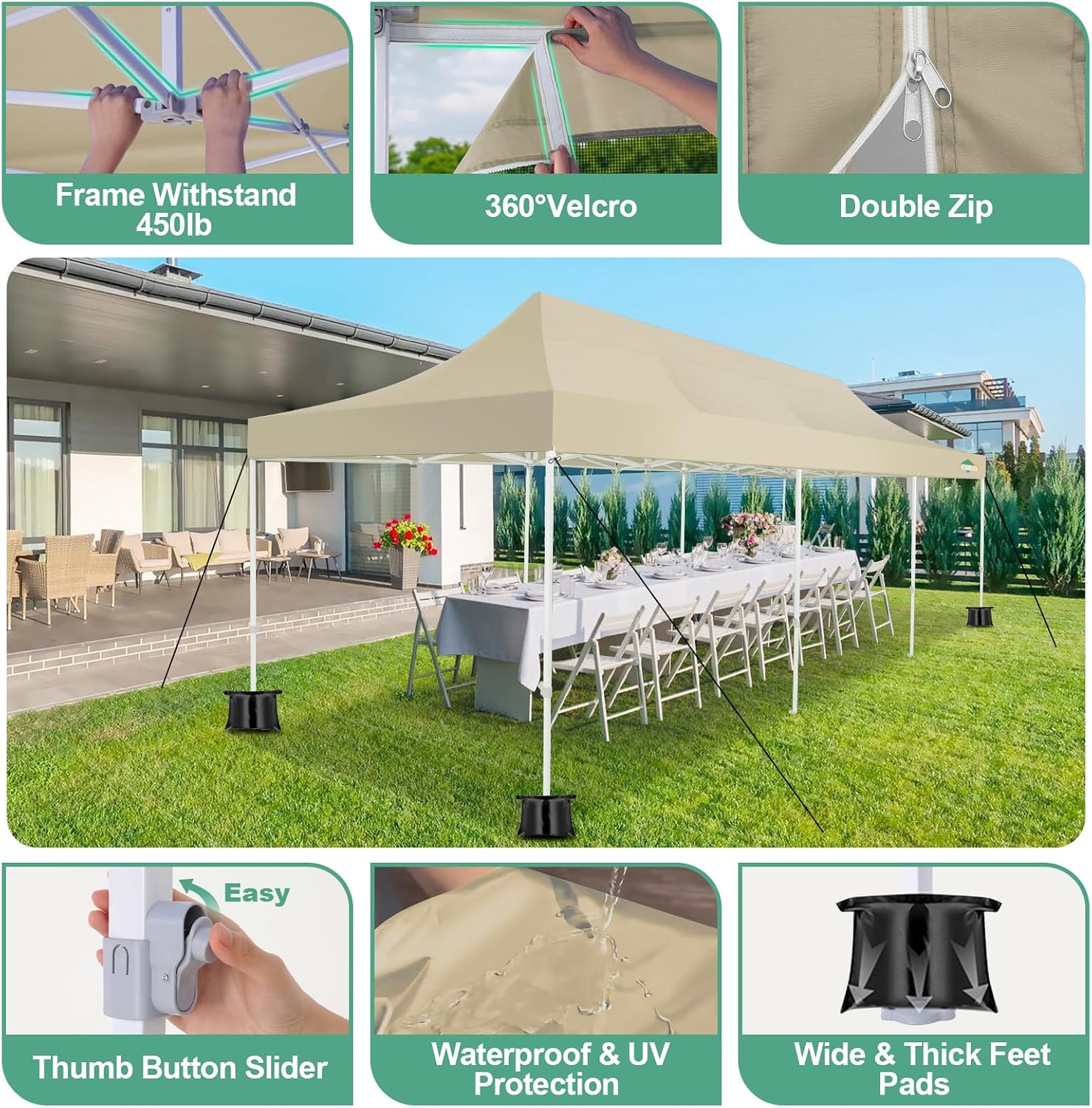 COBIZI 10x30 Canopy Tent, Heavy Duty Pop up Canopy with Sidewalls, Waterproof Easy Setup Tent with Mosquito Netting, Outdoor Instant Screen Tents for Parties, Wedding with Roller Bag, Khaki