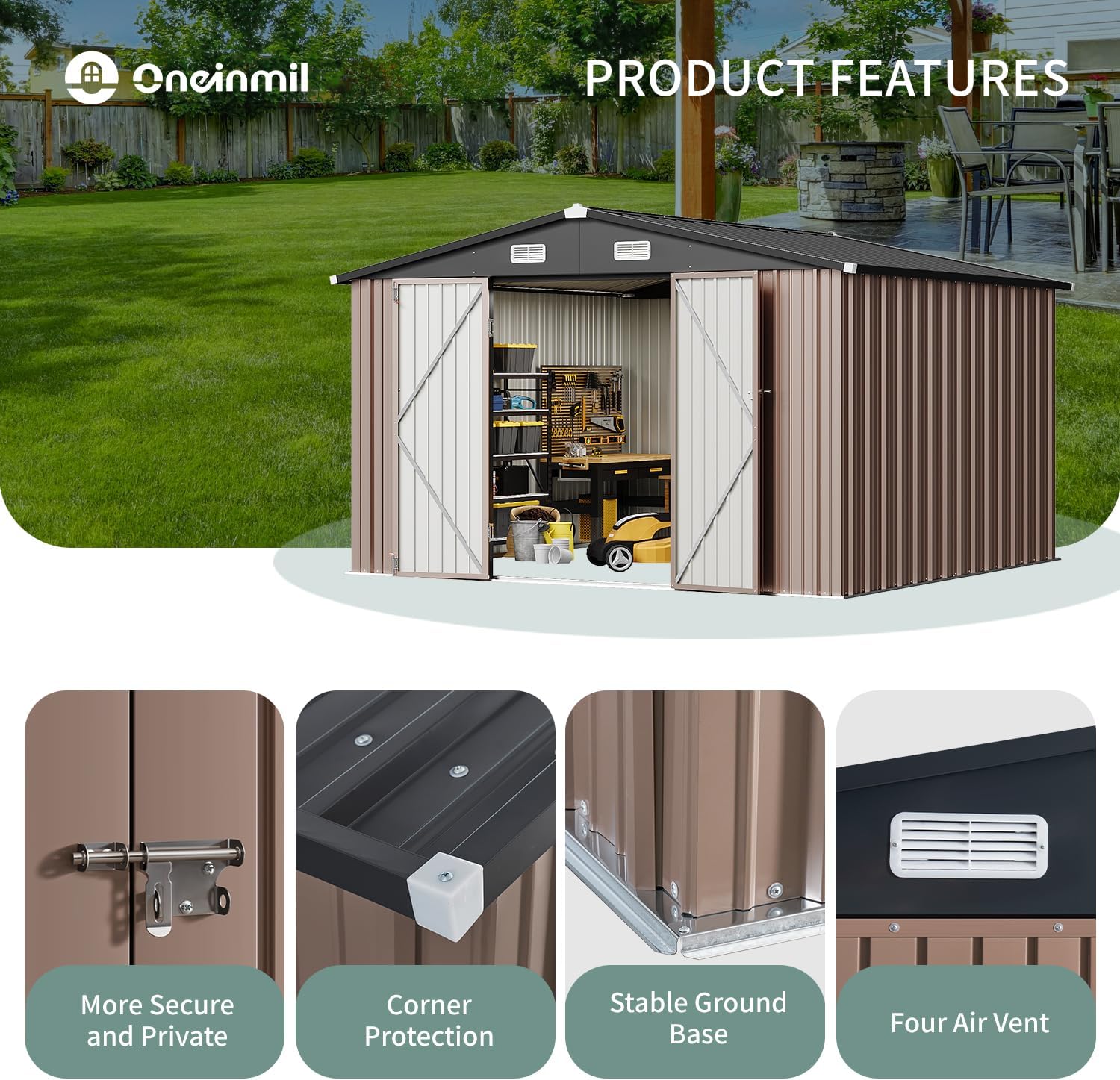 10'x10' Brown Metal Tool Shed (Without Base) Double-Door, Vent Windows,Garden, Patio, Lawn, Poolside