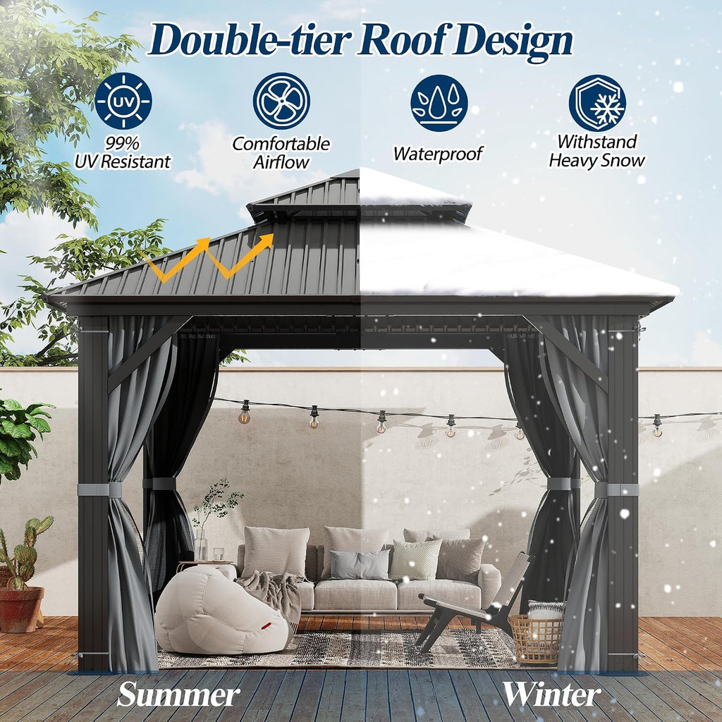 COVERONICS 10' x 10' Outdoor Hardtop Gazebo - Aluminum Heavy-Duty Double Roof Vented Gazebo with Breathable Netting & Privacy Curtains for Patio, Porch, Garden, Lawn