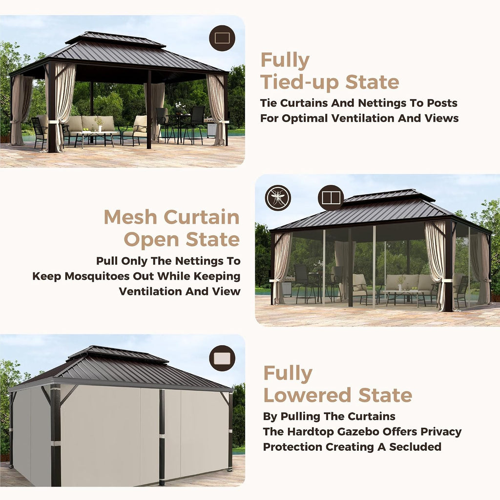 MIXPATIO 12' x 18' Hardtop Gazebo, Galvanized Steel Metal Double Roof Gazebo, Permanent Outdoor Metal Pavilion with Curtain and Netting for Deck, Backyard, Patio, Lawns