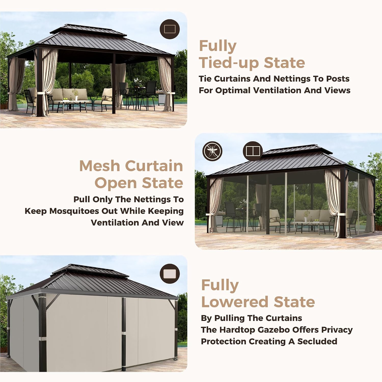 MIXPATIO 12' x 18' Hardtop Gazebo, Galvanized Steel Metal Double Roof Gazebo, Permanent Outdoor Metal Pavilion with Curtain and Netting for Deck, Backyard, Patio, Lawns