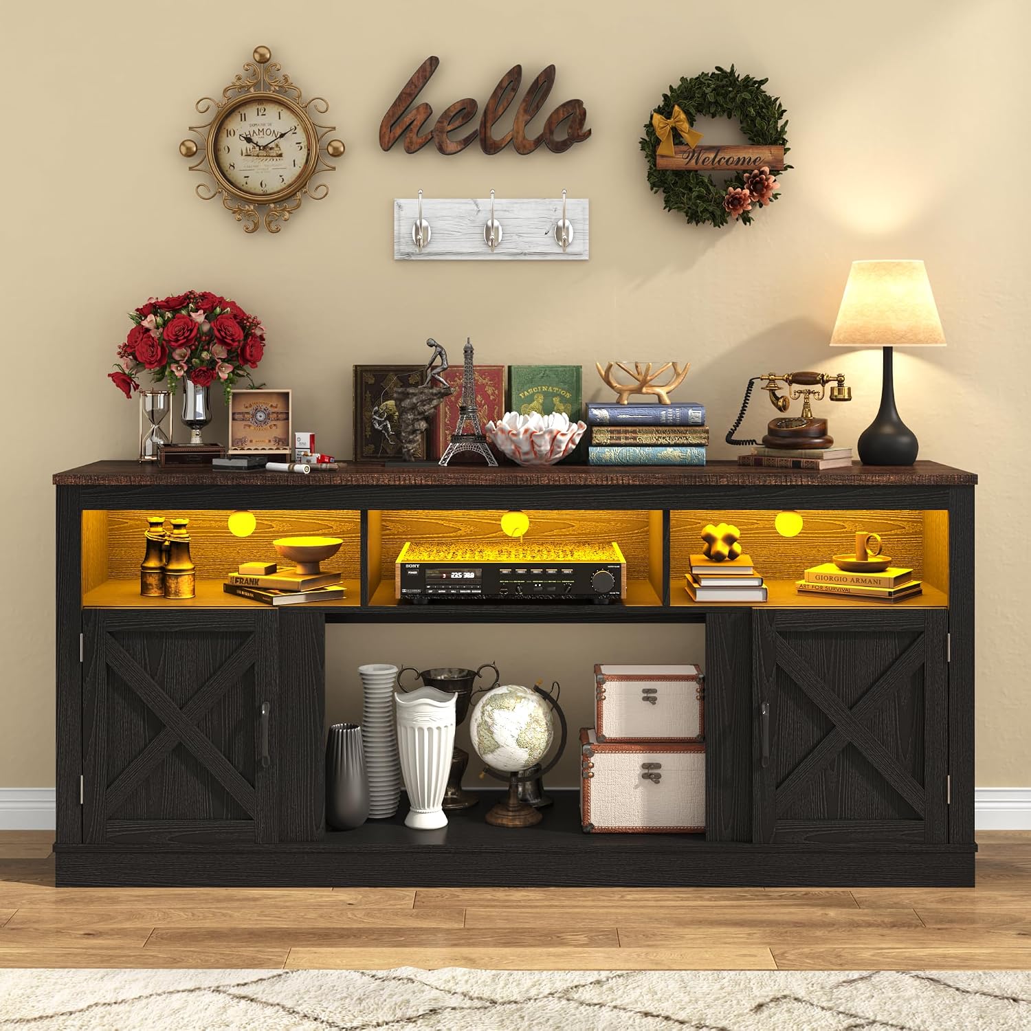 jiteentarou Farmhouse TV Stand for 70/75/80 Inch TV, 32'Tall Entertainment Center w/LED Light, Large Media Console Cabinet w/Barn Doors & Adjustable Shelves for Living Room, Black