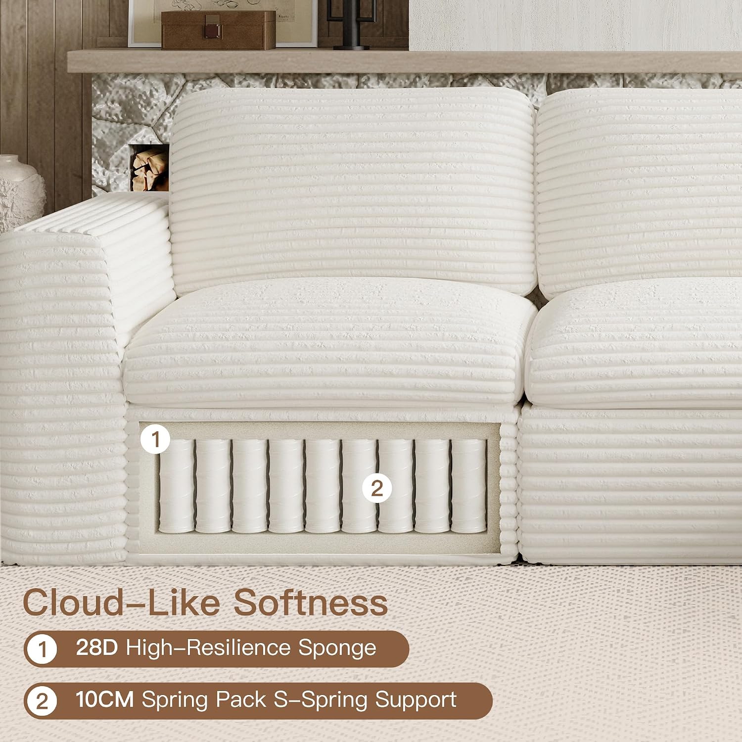 Boneless Loveseat Sofa Plush Corduroy Sectional Couch with Deep Seat Modular Cloud Sectional Couches for Living Room.Biege Sofa.