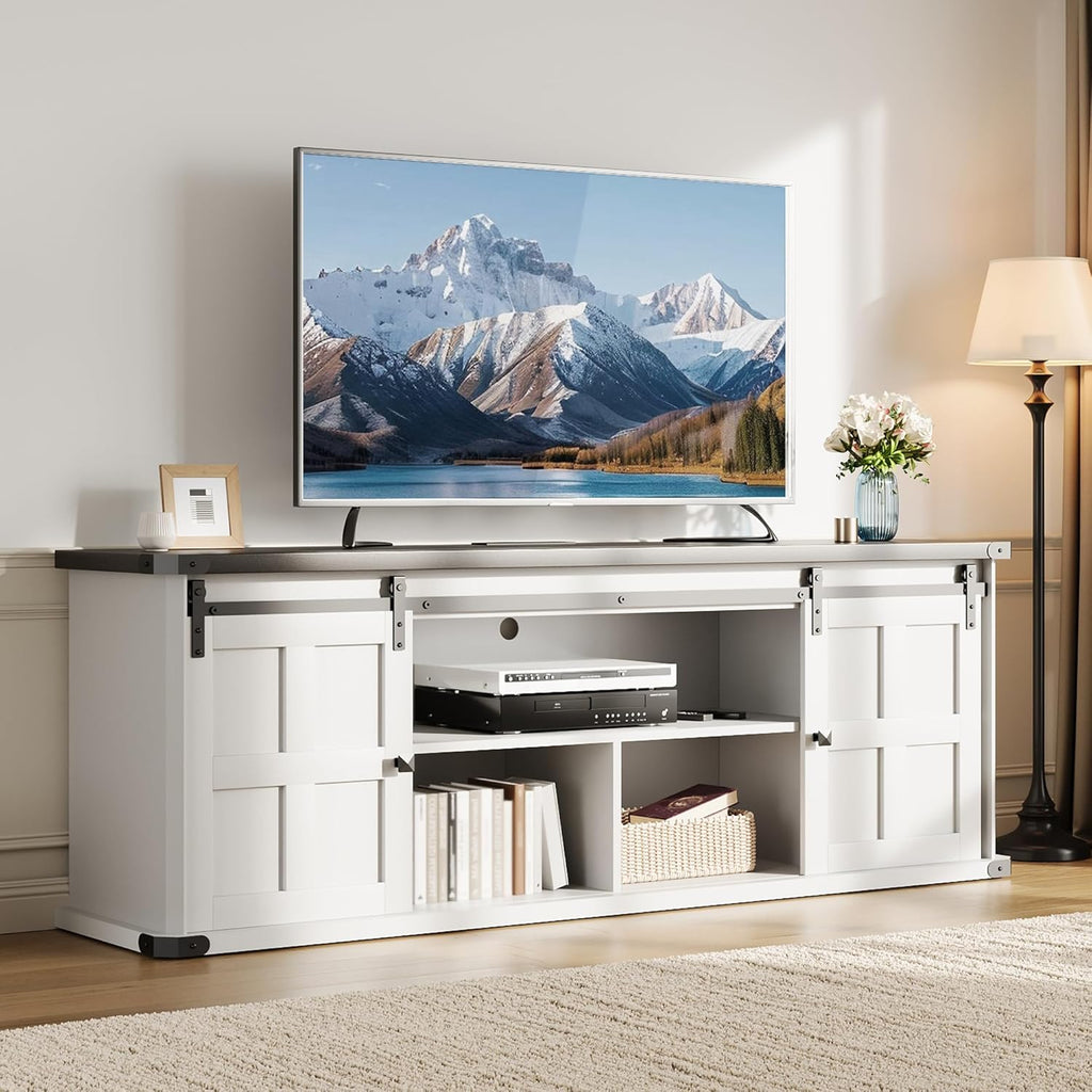 IDEALHOUSE Farmhouse TV Stand for 75 Inch TV, Entertainment Center with Storage Cabinets and Sliding Barn Doors, Media TV Console Table for Living Room Bedroom