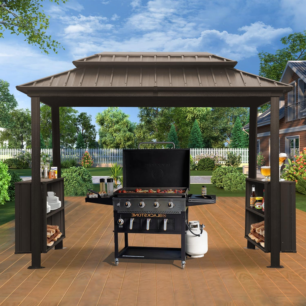 Domi 6x10FT Hardtop Grill Gazebo, Outdoor BBQ Gazebo with Double Galvanized Steel Roof, Metal Permanent Sun Shade Grill Canopy Shelter with 2 Storage Cabinets and Ceiling Hooks for Patio Yard, Brown