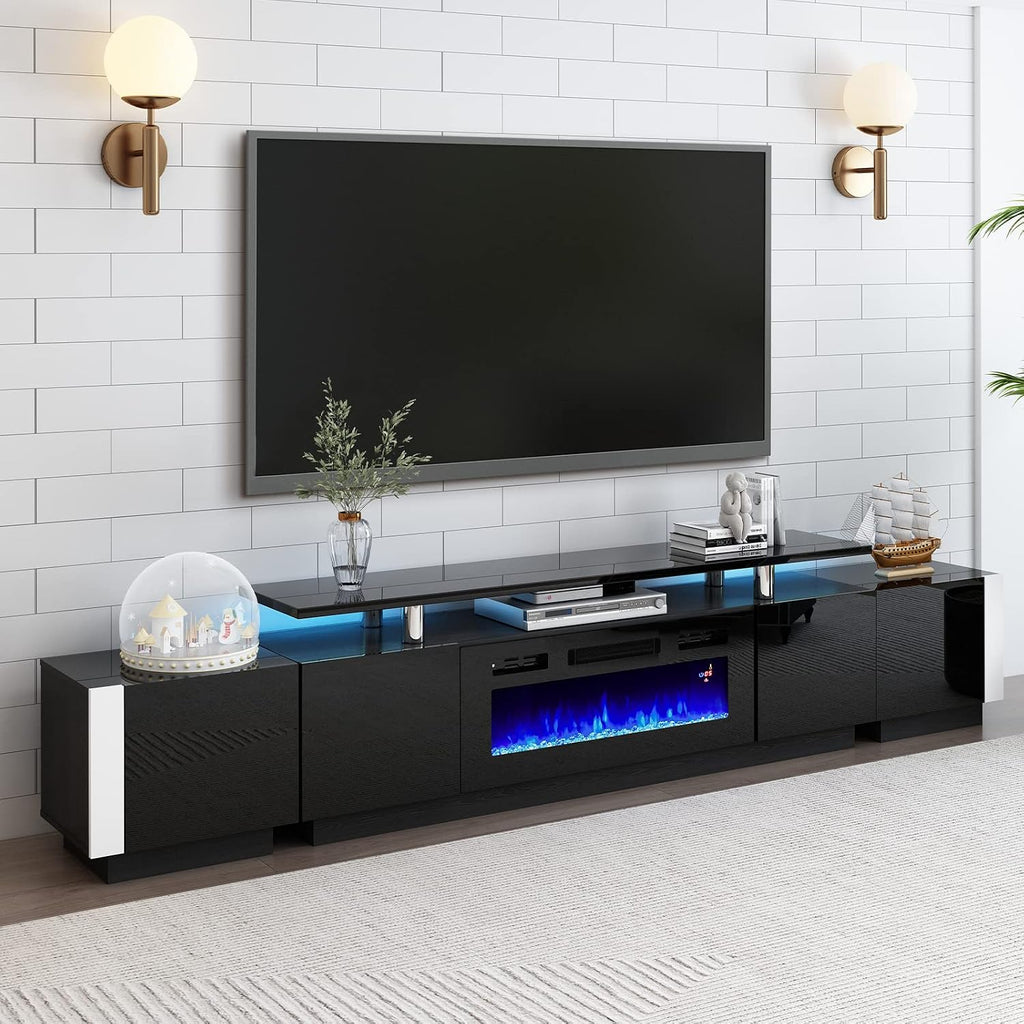 AMERLIFE 110' Large Fireplace TV Stand Set with 36' Electric Fireplace, Includes 70' 2-Tier Fireplace TV Stand, 2 x End Tables, Modern High Gloss TV Console with LED Light for Living Room, Black