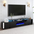 AMERLIFE 110' Large Fireplace TV Stand Set with 36' Electric Fireplace, Includes 70' 2-Tier Fireplace TV Stand, 2 x End Tables, Modern High Gloss TV Console with LED Light for Living Room, Black