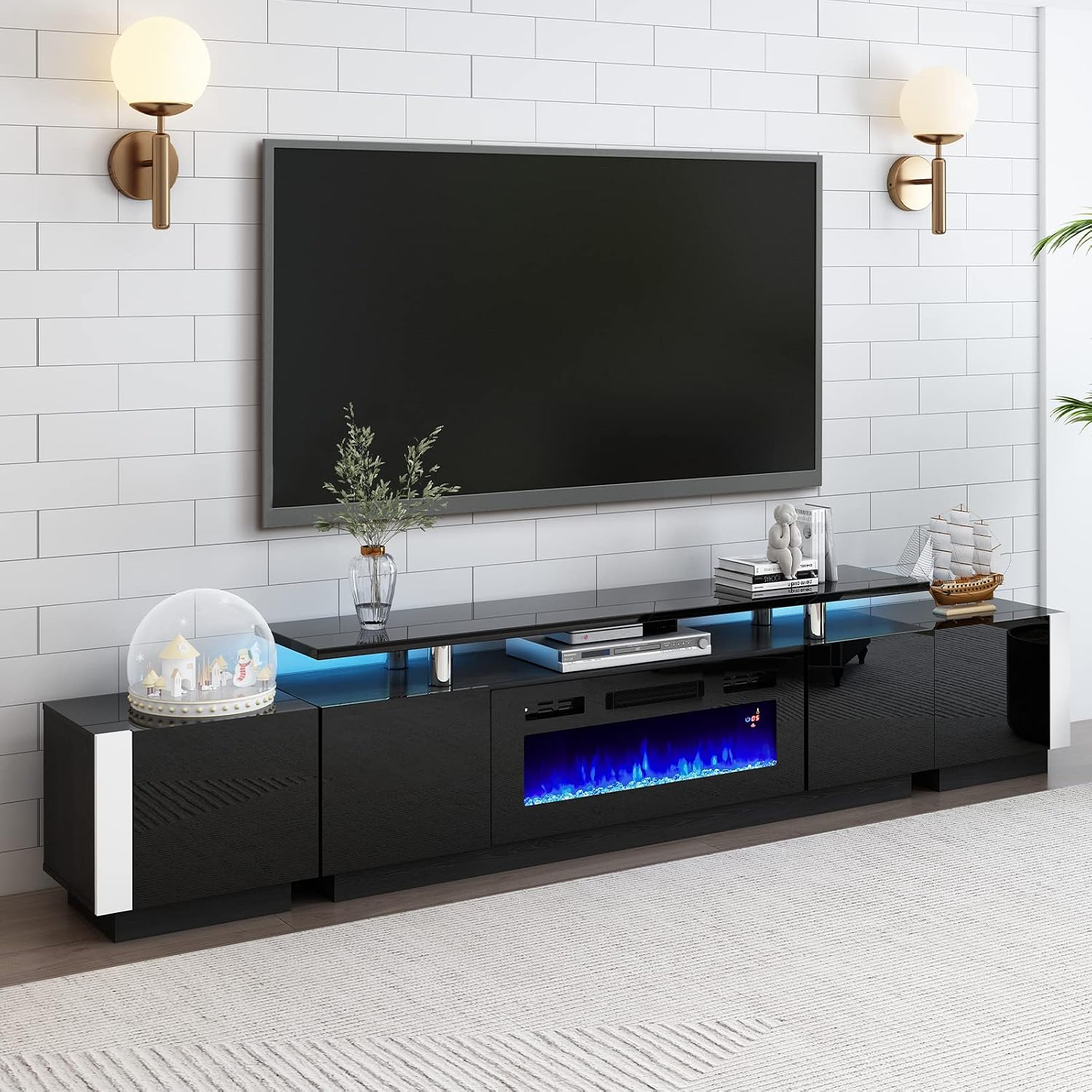 AMERLIFE 110' Large Fireplace TV Stand Set with 36' Electric Fireplace, Includes 70' 2-Tier Fireplace TV Stand, 2 x End Tables, Modern High Gloss TV Console with LED Light for Living Room, Black
