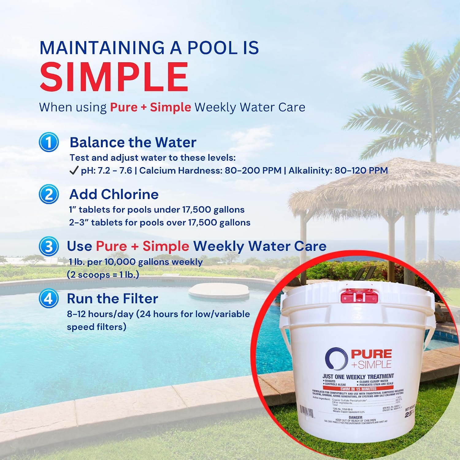 Pure + Simple All-in-One Pool Shock & Clarifier - Algaecide for Swimming Pools - Fast-Acting Once Weekly Treatment for In-Ground & Above-Ground Pools - Swim in 15 Minutes (25 lbs)