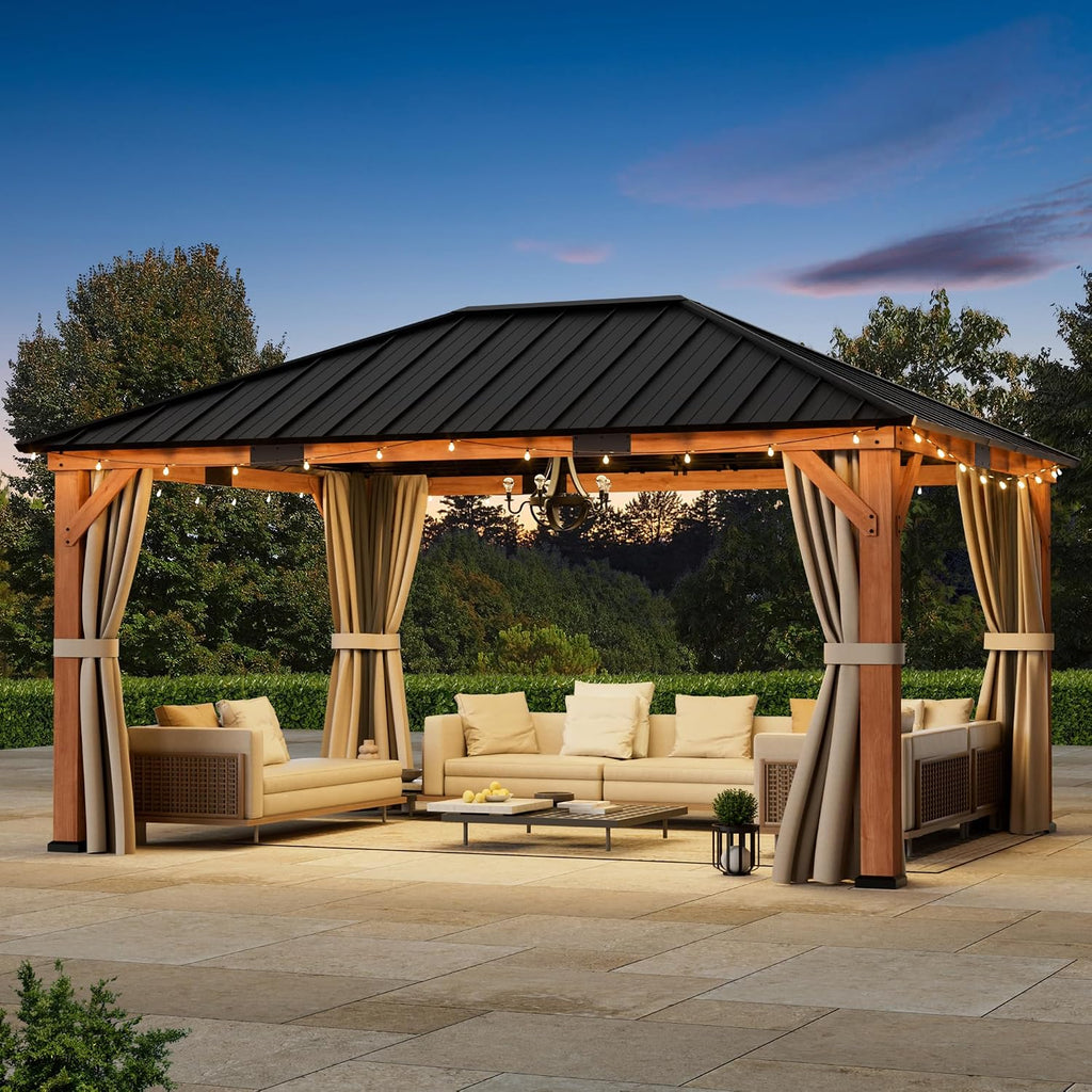 Big Leaf 12'x16' Wood Gazebo with Galvanized Steel Roof - Hardtop Gazebo with Cedar Frame Permanent Hardtop Pavilion with Mosquito Netting & Curtains for Garden, Backyard