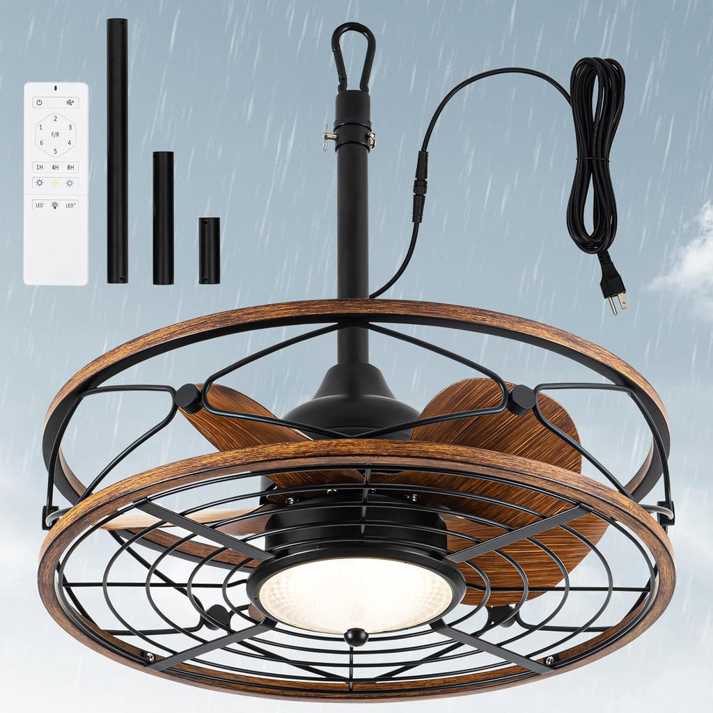 TIFEROR Outdoor Ceiling Fans with Lights and Remote for Patios, 20'' Wet Rated Gazebo Ceiling Fan, Plug in with 3 Color LED Light, Hanging with Hook, Lighting for Pergola Canopy
