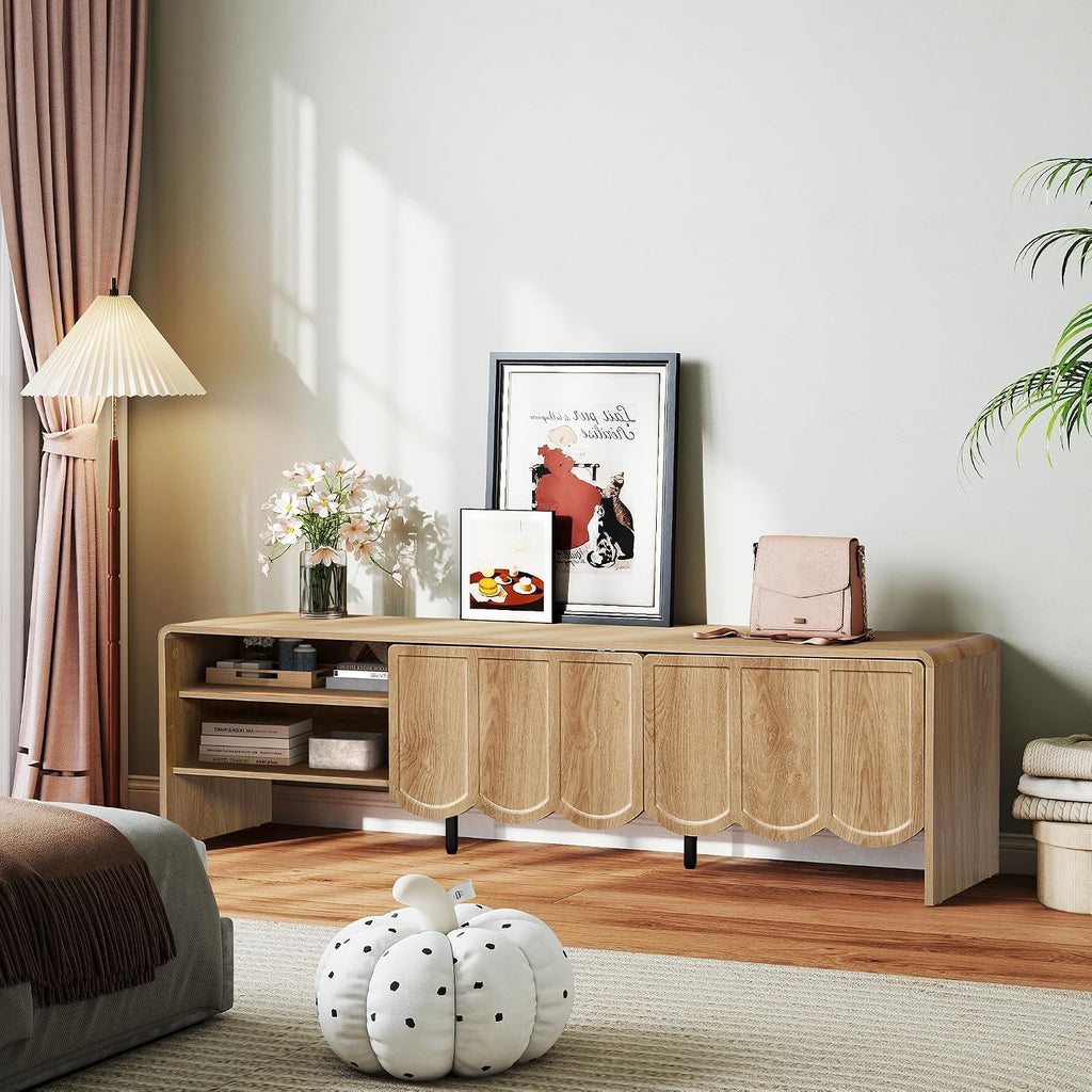 ORRD 63'' TV Stand, Modern TV Console Table Wave Panel Television Stands Entertainment Media Center with Storage Compartment and Sliding Door for Living Room (Natural)