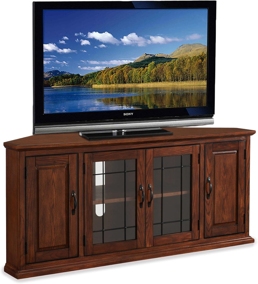 Leick Home Riley Corner TV Stand 60 in, Burnished Oak, Solid Wood, Beveled Tempered Glass, Blackened Hardware, Adjustable Shelf, Easy Assembly, 56 in L x 20 in W x 25 in H, Item 80386