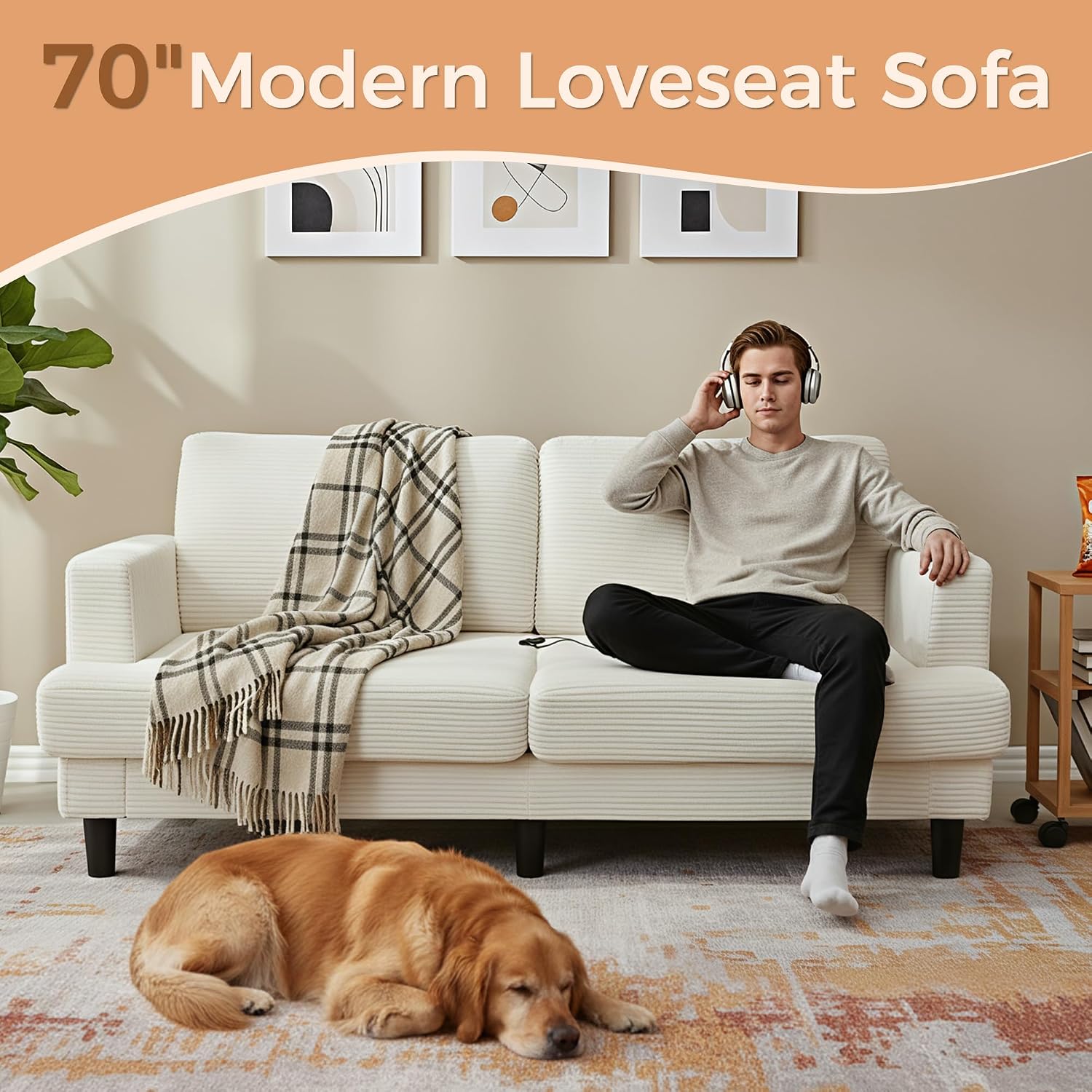 MAKIAAP 70' Loveseat Sofa for Living Room, Comfy Corduroy Couch with USB & Type-C Ports, Modern 2-Seater Deep Seat Small Couch for Bedroom, Apartment, Office – Soft Cushions & Sturdy Frame (Beige)