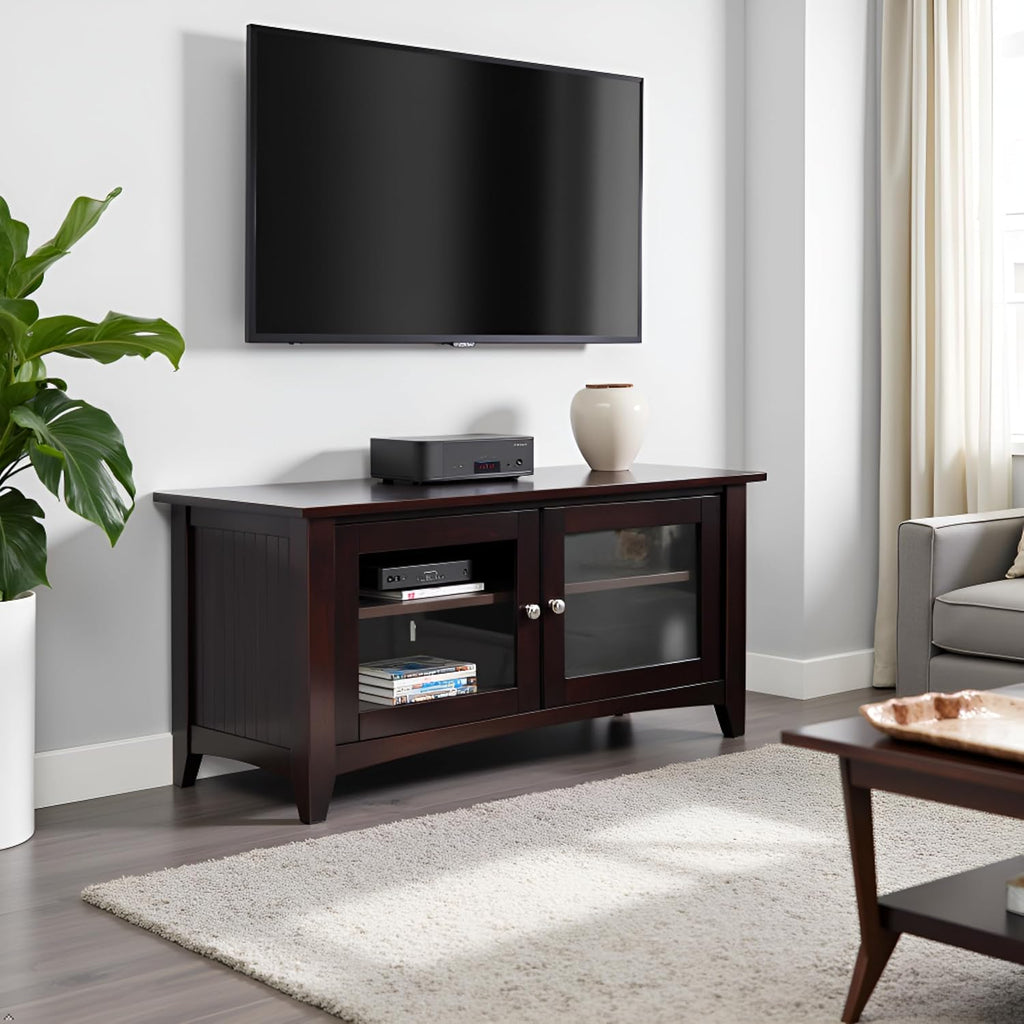 Shaker Cottage 36-Inch TV Stand – Media Console with Glass Cabinet, Adjustable Shelf, & Cord Management – Entertainment Center for Living Room or Bedroom by Alaterre Furniture (Espresso)