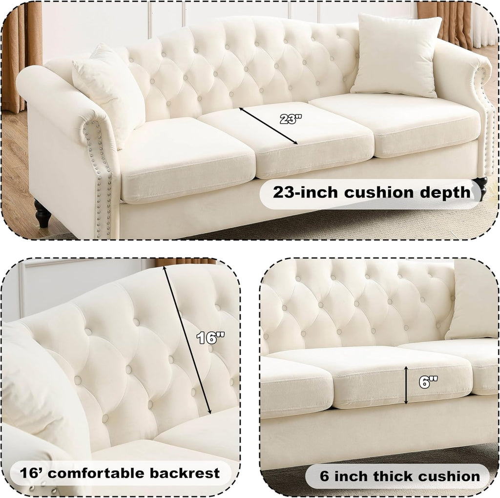 2 Piece Modern Beige Velvet 79' 3-Seater Sofa Sets, Chesterfield Button Tufted Nailhead Combination Couch with 4 Pillows, Trimming Curved Backrest & Rolled Arm Sofa for Living Room