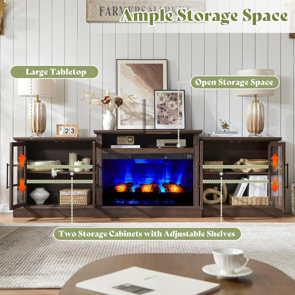 AMERLIFE 97' Farmhouse Fireplace TV Stand, Entertainment Center with Large Storage Space and Adjustable Shelf, Media Console for Living Room, Rustic Brown